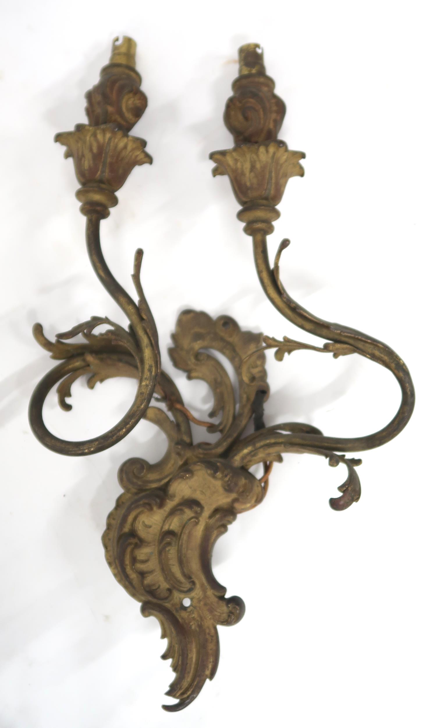 A LOT OF FIVE ROCOCO STYLE GILT METAL ORMOLU TWO BRANCH WALL SCONCES with scroll and acanthus back - Image 7 of 10