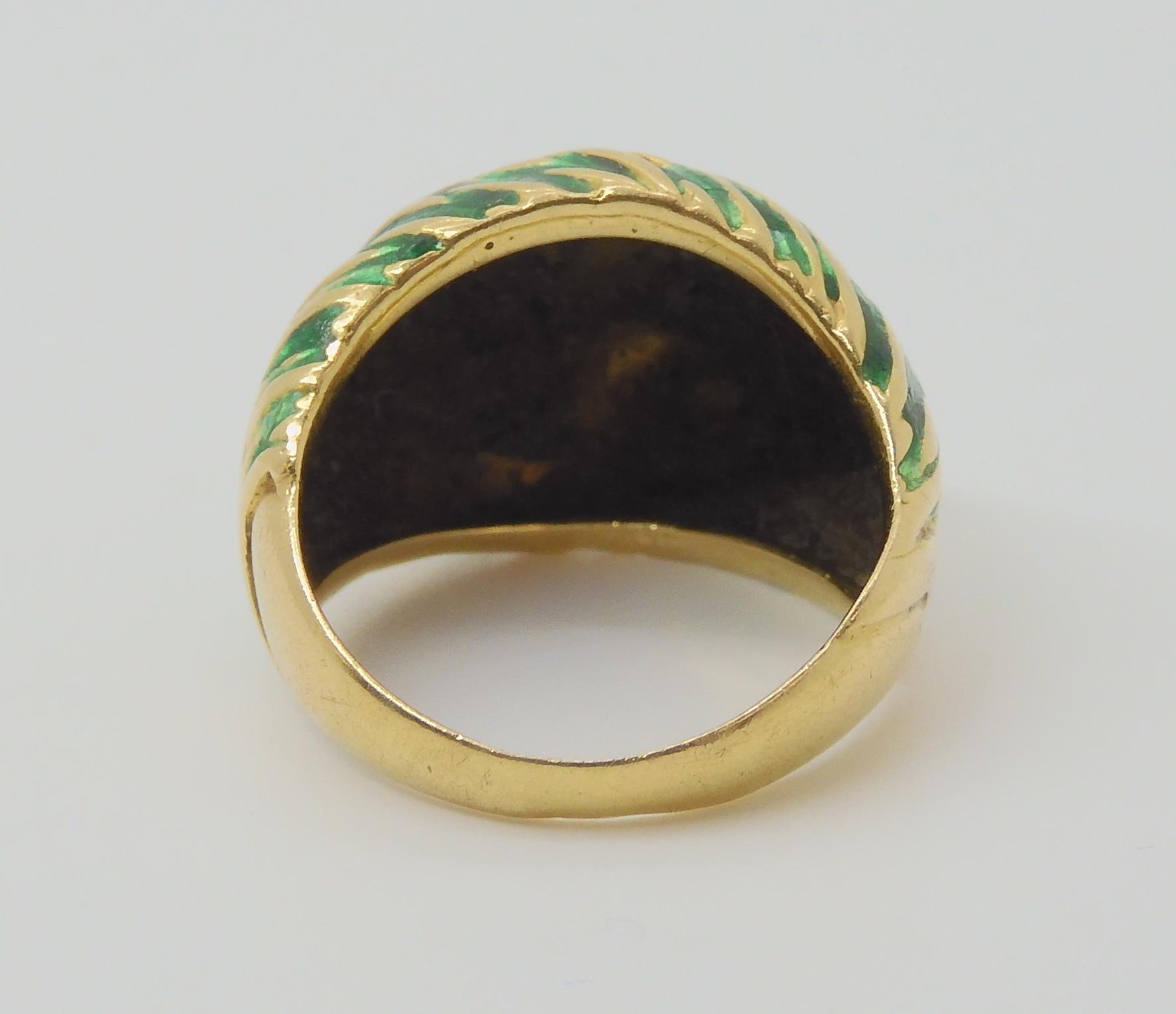 A KUTCHINSKY ENAMEL RING the 18ct yellow gold high domed ring is enamelled in green to the - Image 2 of 5