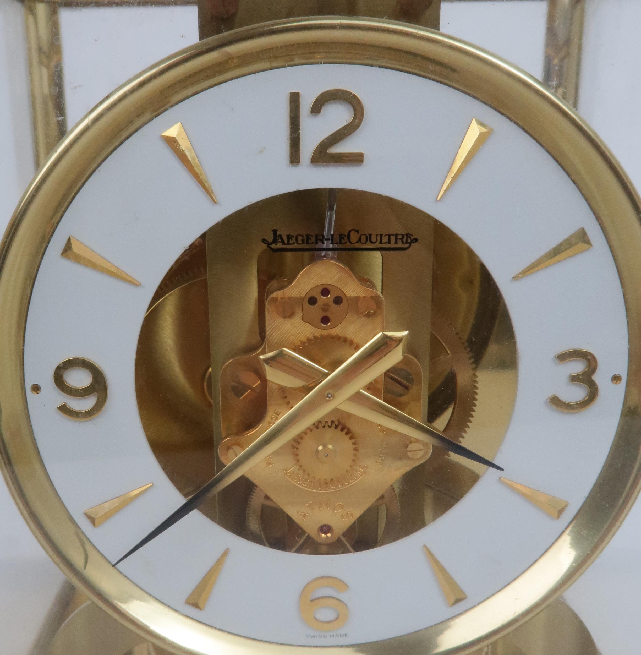 A JAEGER LE COULTRE ATMOS CLOCK in glazed brass case, the white enamel chapter ring with applied - Image 5 of 5