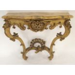 A 19TH CENTURY GILTWOOD AND GESSO CONSOLE TABLE with serpentine front faux marble top over Rococo