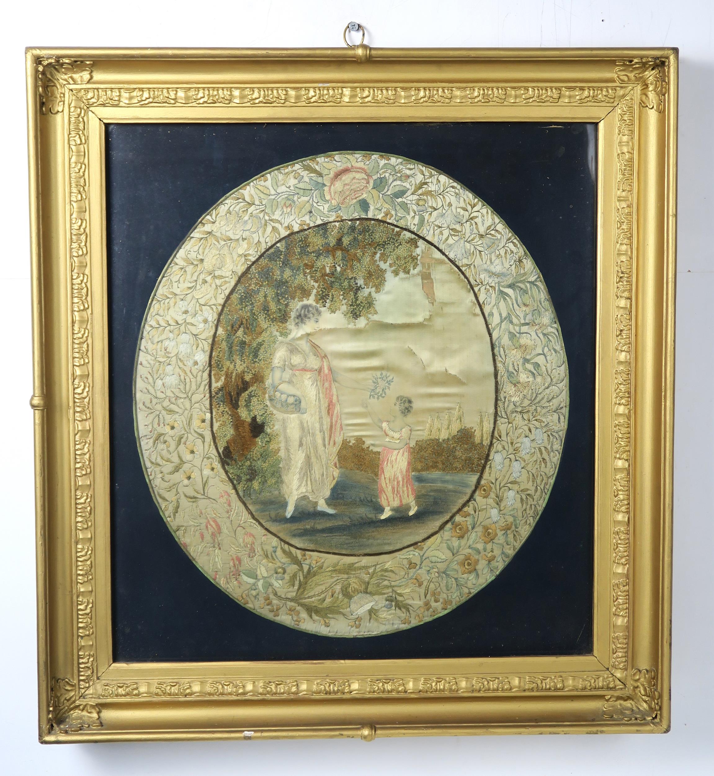 TWO REGENCY SILKWORK PANELS In heavy gilt and gesso frames, one depicting a courting couple in a - Image 5 of 6