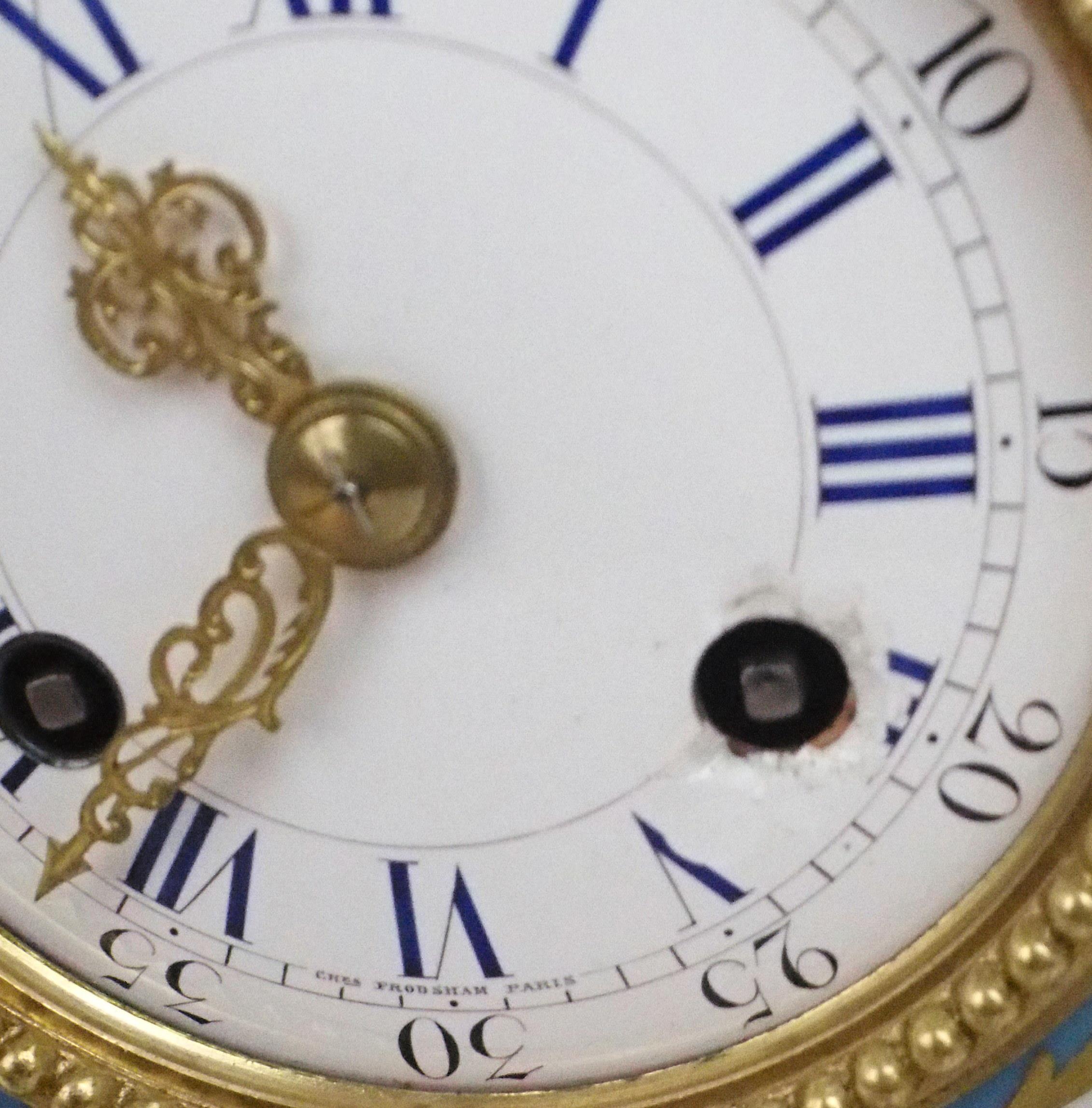 A SEVRES STYLE PORCELAIN MANTLE CLOCK the circular white enamel dial, with blue roman numerals and - Image 7 of 12