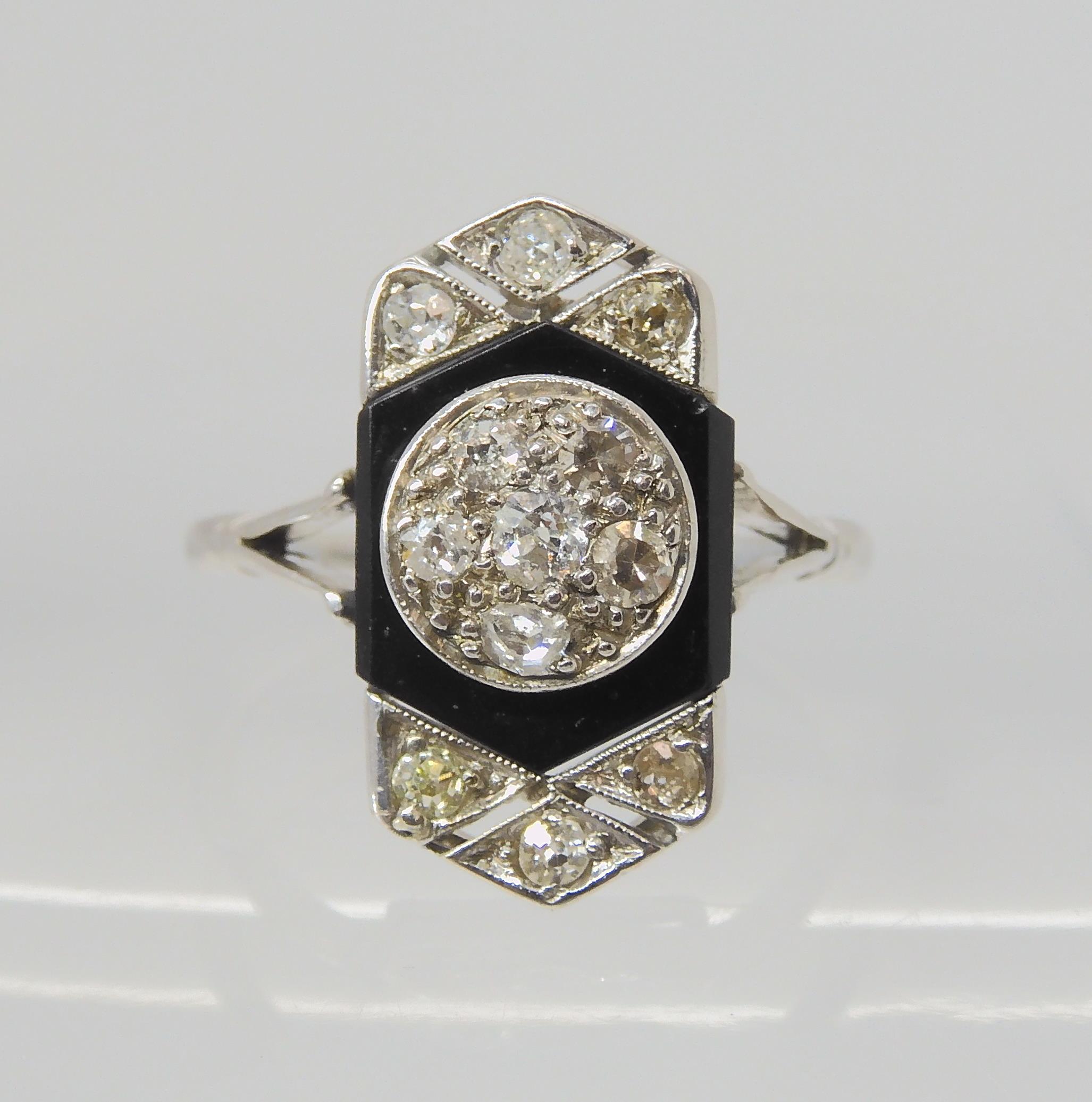 AN OLD CUT DIAMOND AND ONYX RING the white metal mount is set with estimated approx 0.40cts of old - Image 2 of 4