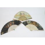 A COLLECTION OF EUROPEAN FANS including a mother of pearl example with a double painted leaf of