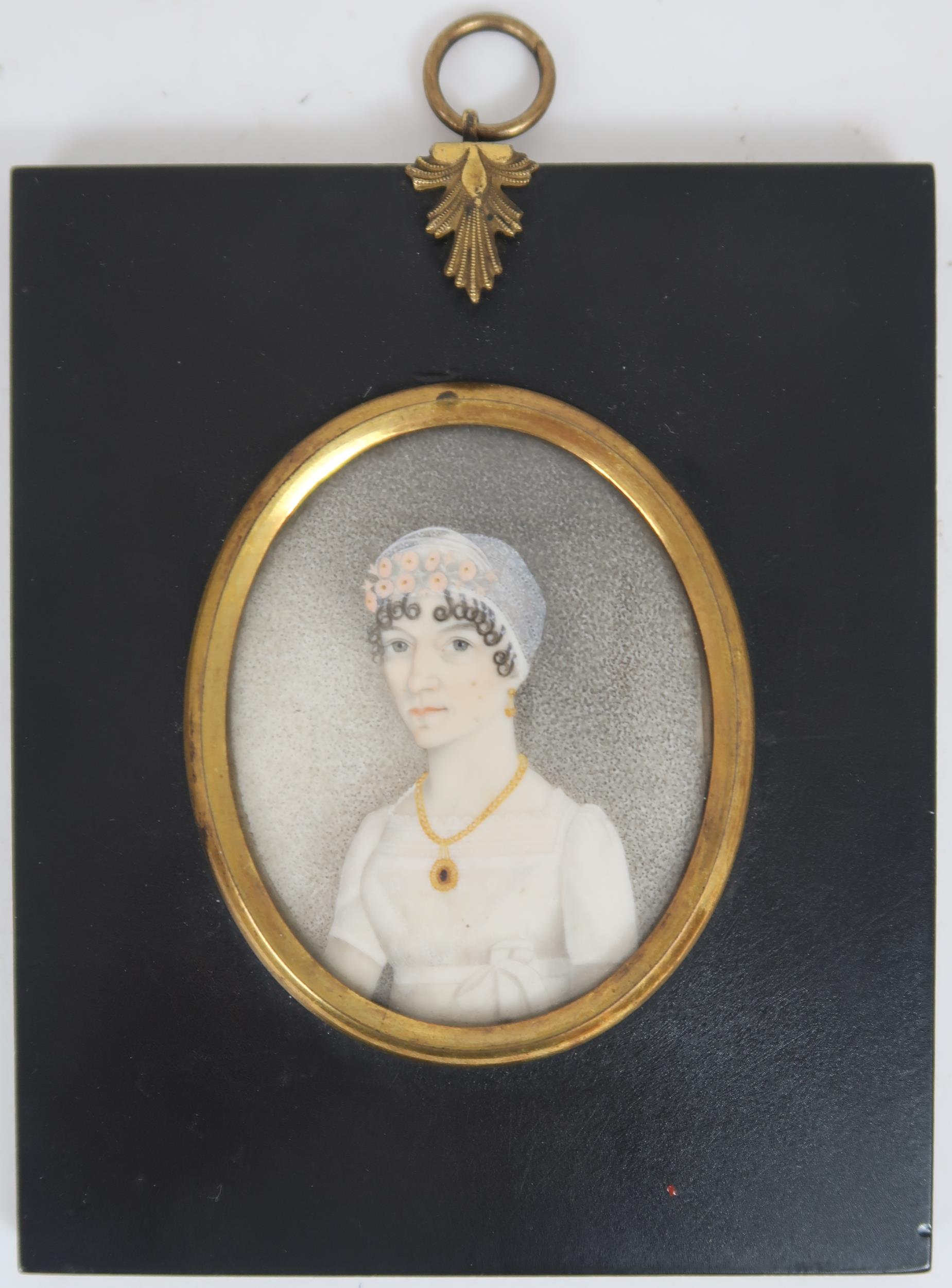 THREE REGENCY PORTRAIT MINIATURES PAINTED ON IVORY In ebonised frames, comprising a lady with - Image 8 of 11