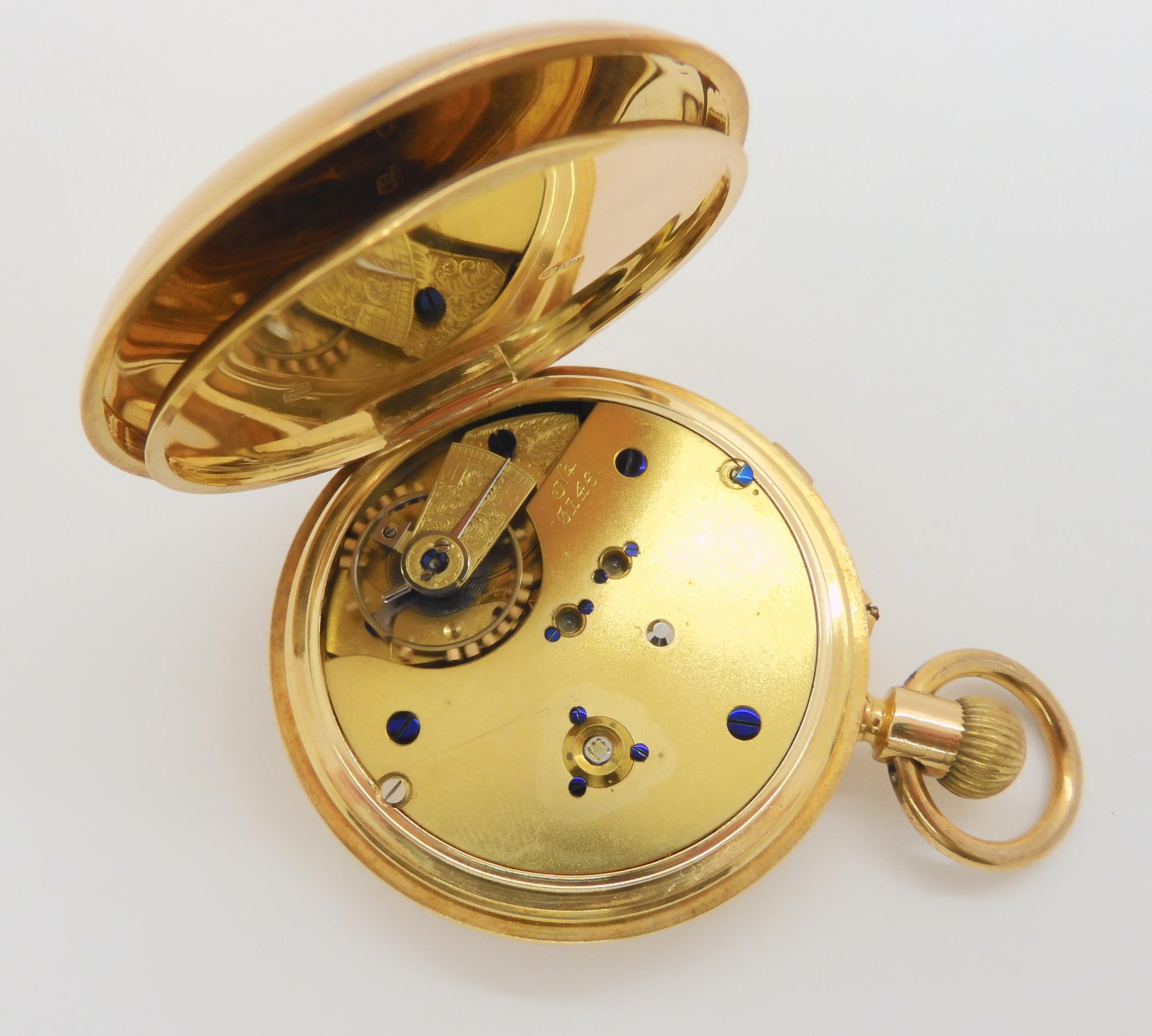 AN 18CT GOLD FULL HUNTER POCKET WATCH with monogram to outer case. White enamelled dial with black - Image 5 of 7