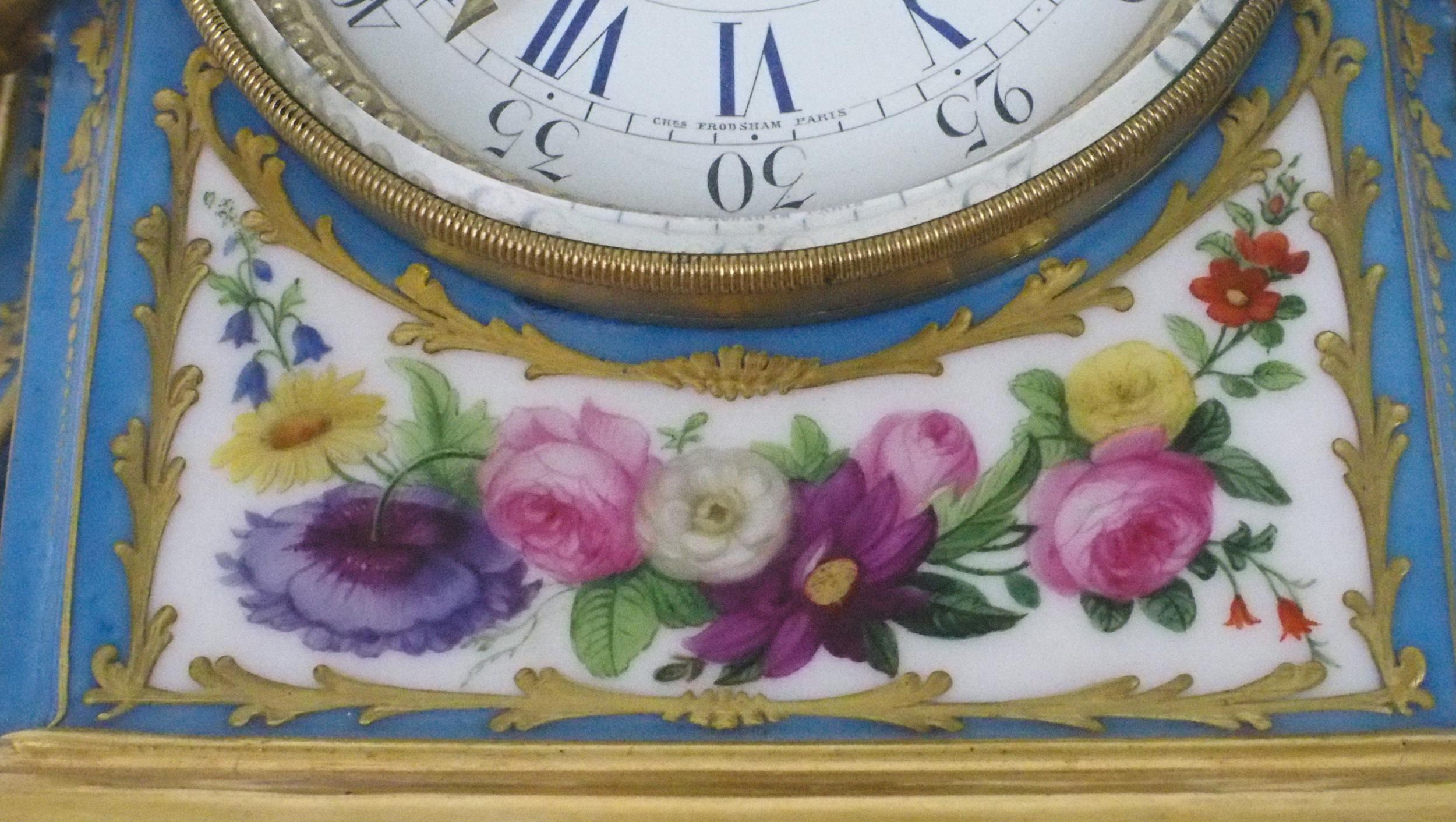 A SEVRES STYLE PORCELAIN MANTLE CLOCK the circular white enamel dial, with blue roman numerals and - Image 10 of 12