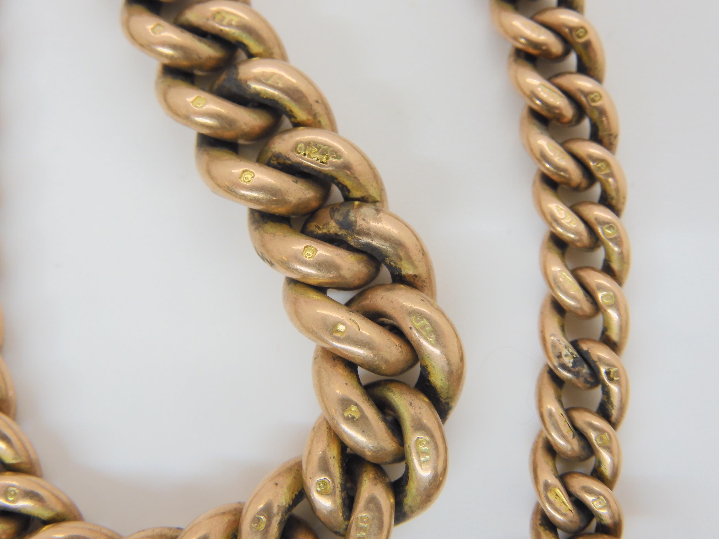 A 9CT ROSE GOLD ALBERT CHAIN the tapered fob chain is stamped .375 9ct to every link, 'T' bar and - Image 2 of 5