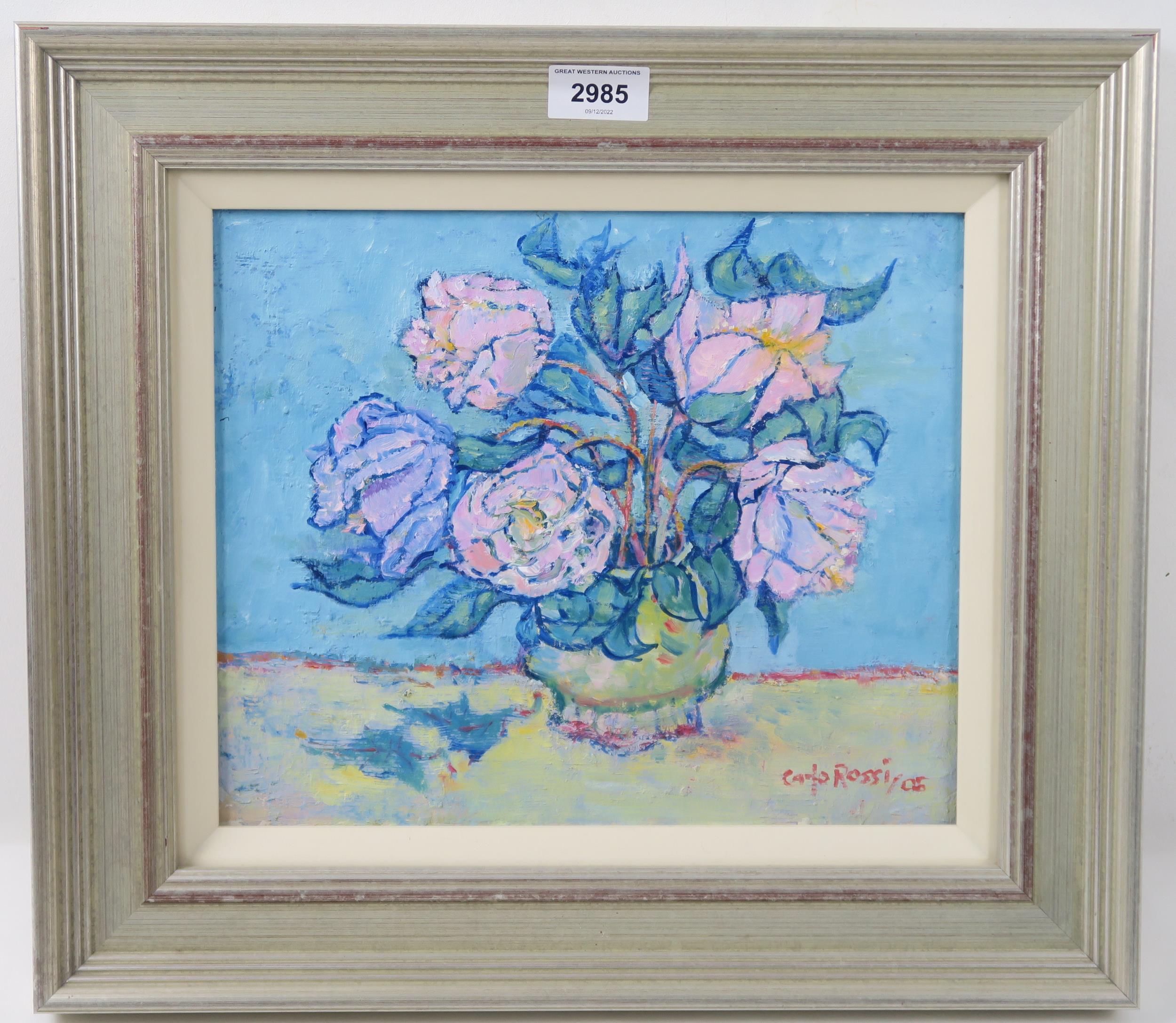 CARLO ROSSI RSW RGI (SCOTTISH 1921-2010) JAR WITH ROSES  Oil on board, signed lower right, dated ( - Image 2 of 7