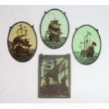 THREE VICTORIAN PAINTED GLASS PANELS each of oval shape and painted with galleons, together with a