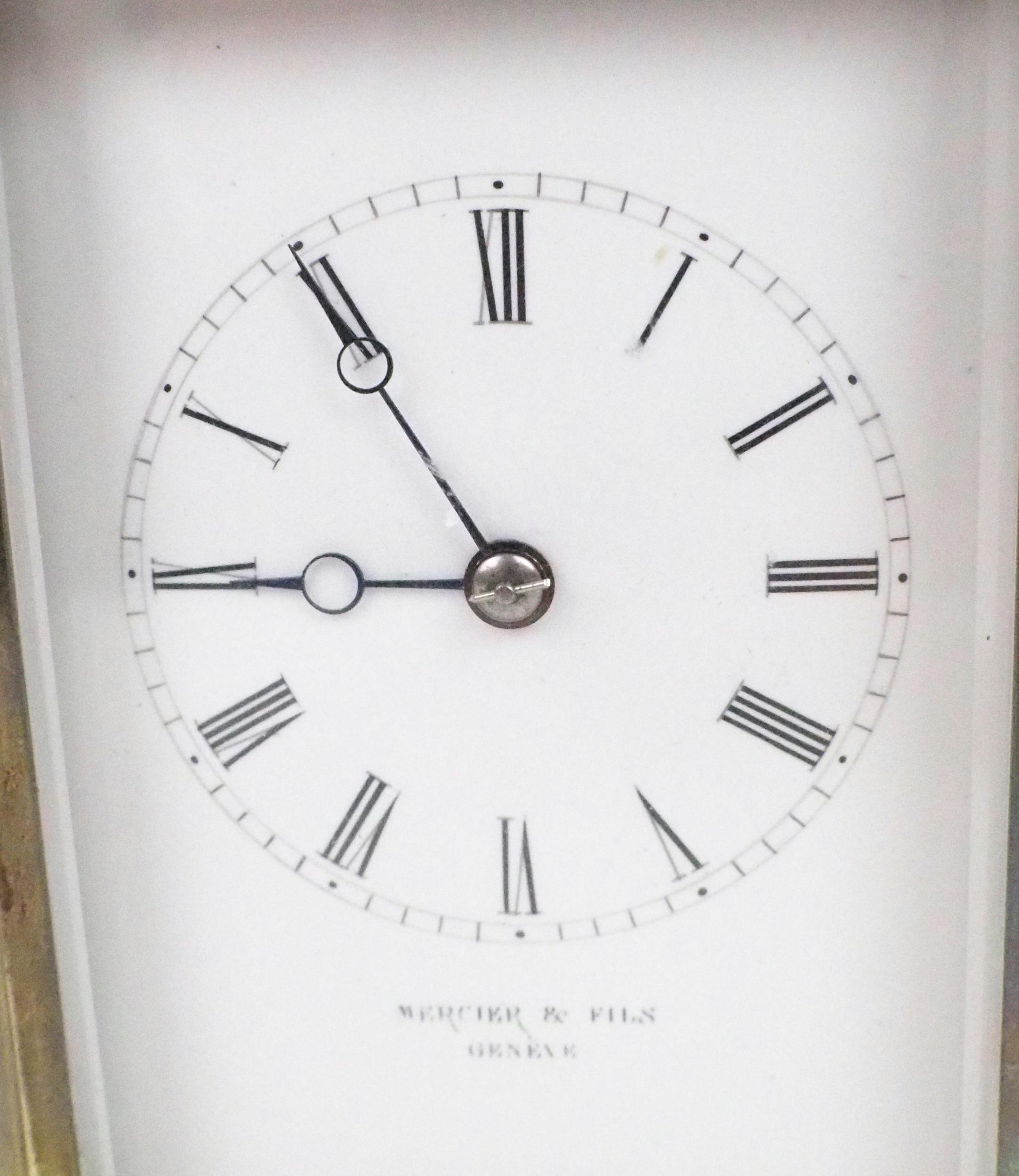 A MERCIER AND FILS GENEVE BRASS REPEATING CARRIAGE CLOCK the white dial with roman numerals, the - Image 2 of 6