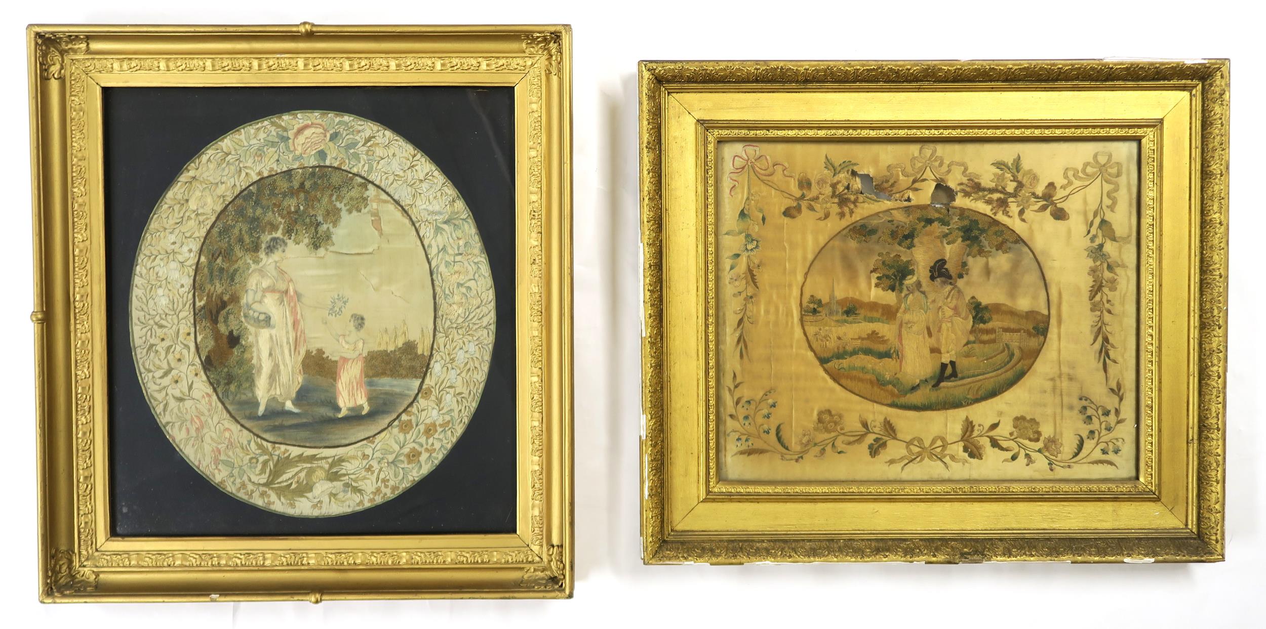 TWO REGENCY SILKWORK PANELS In heavy gilt and gesso frames, one depicting a courting couple in a