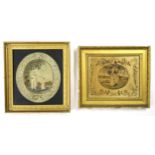 TWO REGENCY SILKWORK PANELS In heavy gilt and gesso frames, one depicting a courting couple in a