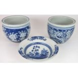 A LARGE CHINESE EXPORT BLUE AND WHITE DISH  Painted with a willow tree, chrysanthemum, peonies and a
