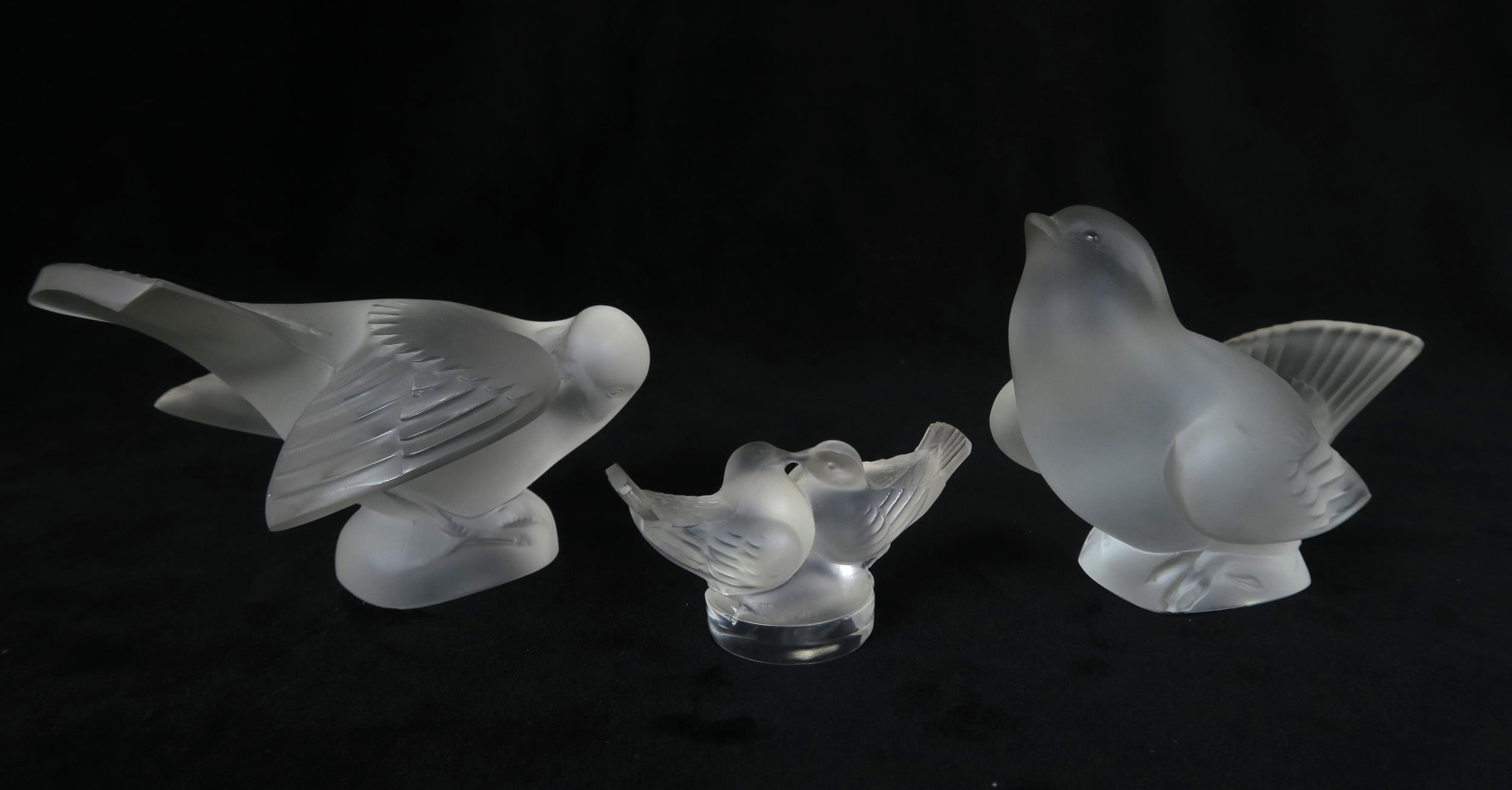 A PAIR OF LALIQUE BIRDS including Moineau Coquet and the other Moineau Moquer, 11cm long together