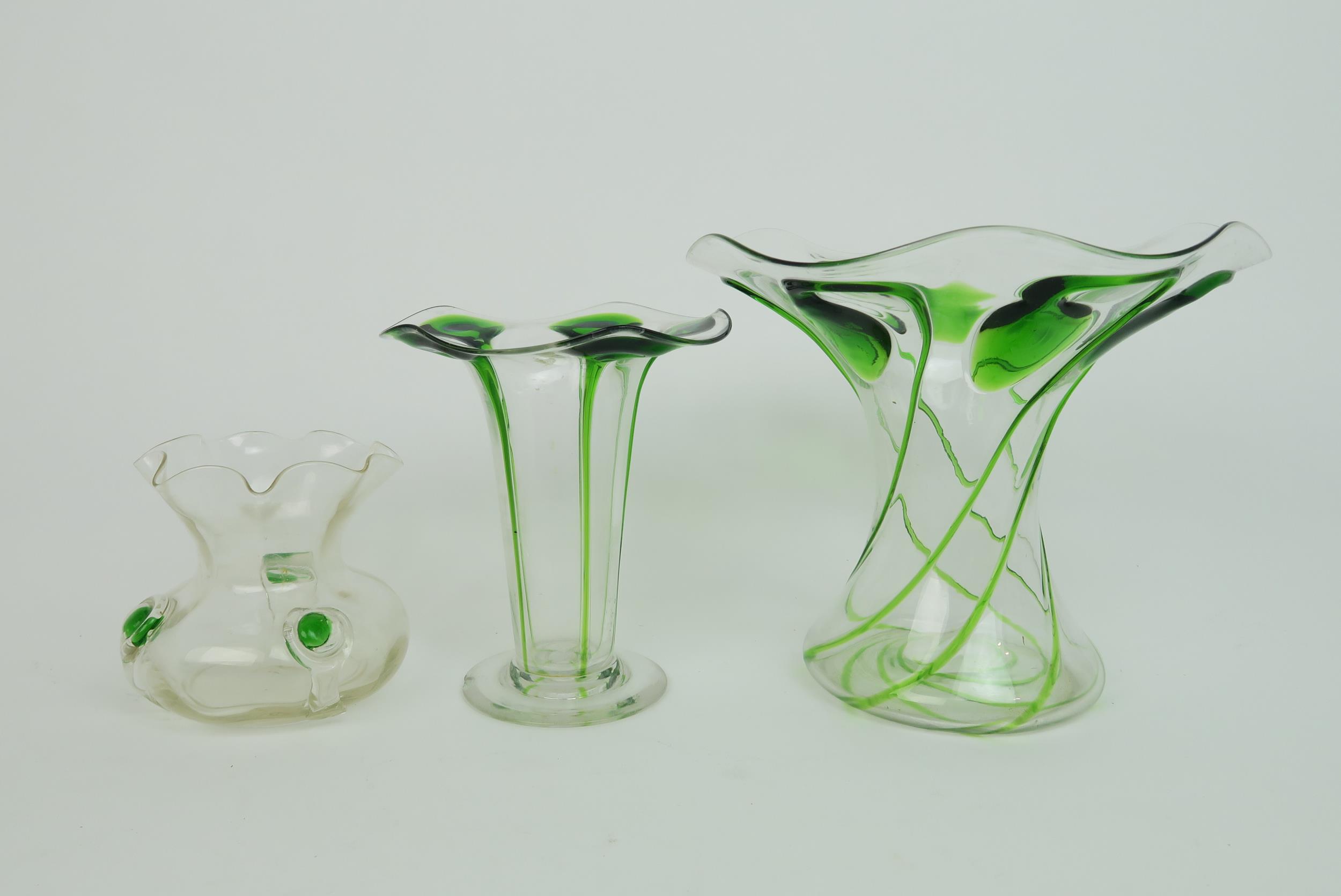 A GROUP OF FIVE STUART AND SONS STOURBRIDGE GLASS VASES all in clear glass with applied and trailing - Image 4 of 8
