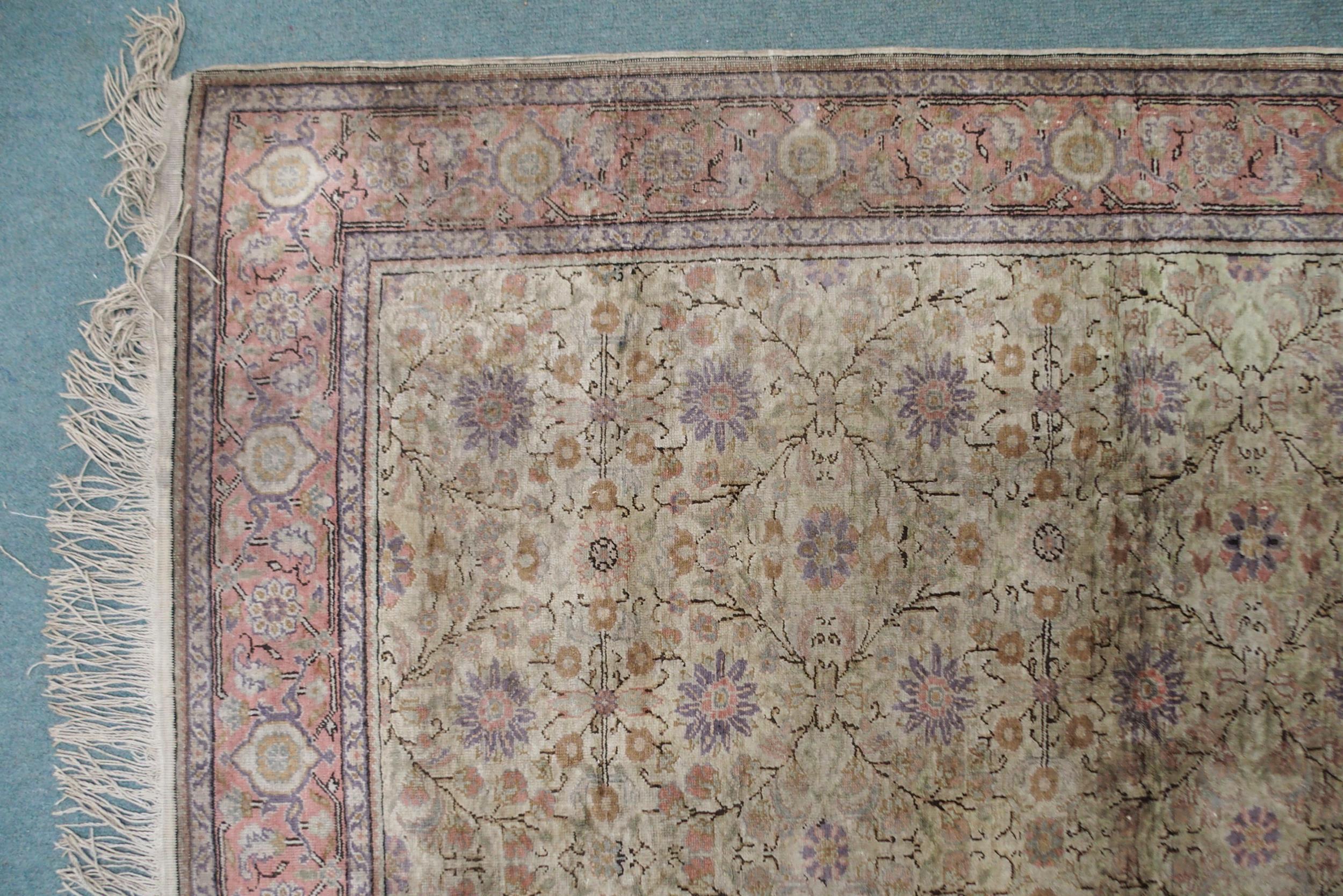 A CREAM GROUND SILK AND WOOL PERSIAN RUG with floral foliate all-over design and pink borders, 185cm - Image 7 of 7