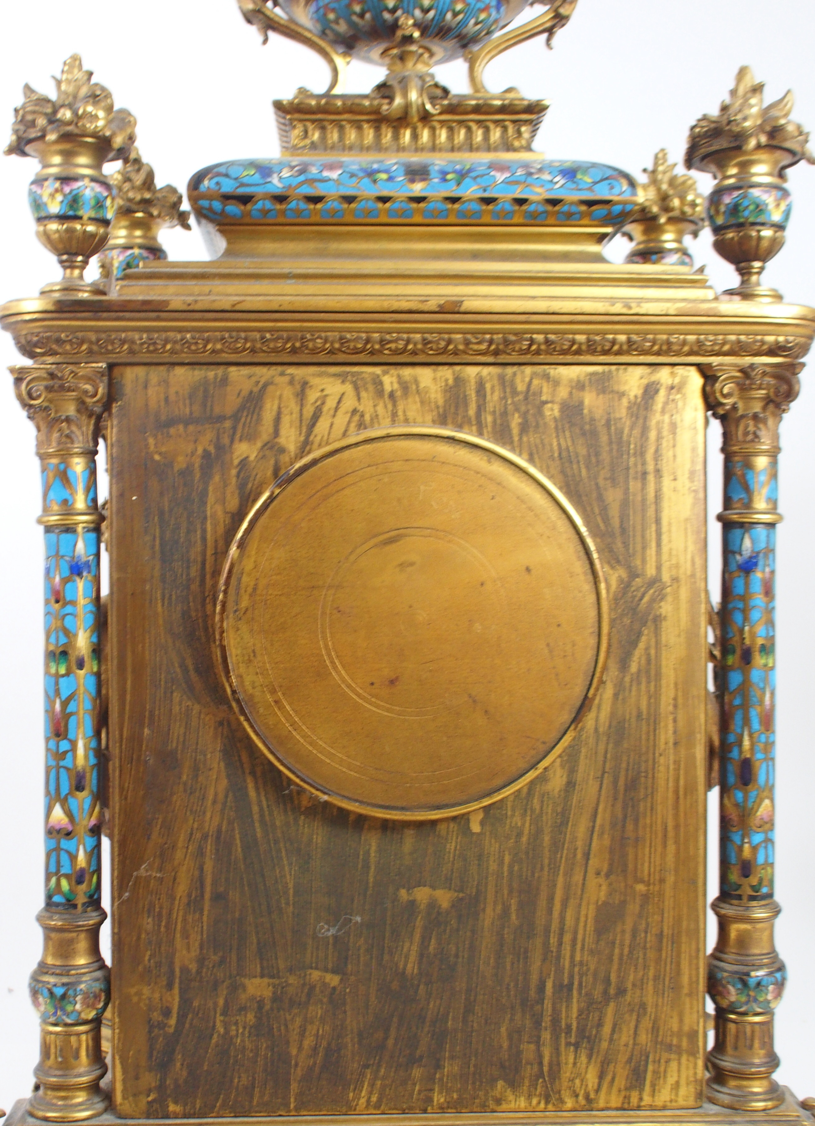 AN IMPRESSIVE 19TH CENTURY FRENCH CHAMPLEVE ENAMEL MANTLE CLOCK the urn mounted top with griffin han - Image 9 of 15