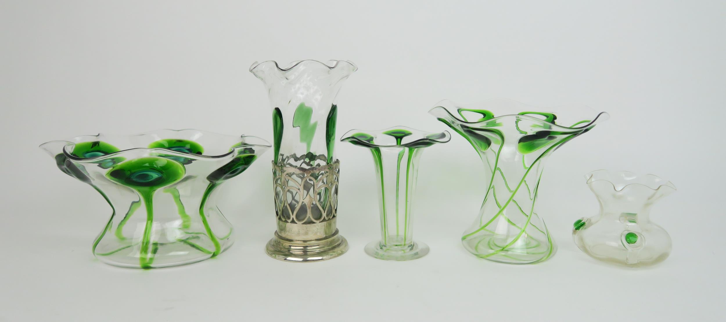 A GROUP OF FIVE STUART AND SONS STOURBRIDGE GLASS VASES all in clear glass with applied and trailing