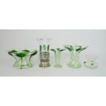 A GROUP OF FIVE STUART AND SONS STOURBRIDGE GLASS VASES all in clear glass with applied and trailing