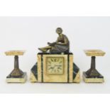 A FRENCH ART DECO CLOCK GARNITURE the marble clock mounted with a spelter figure of a girl, the