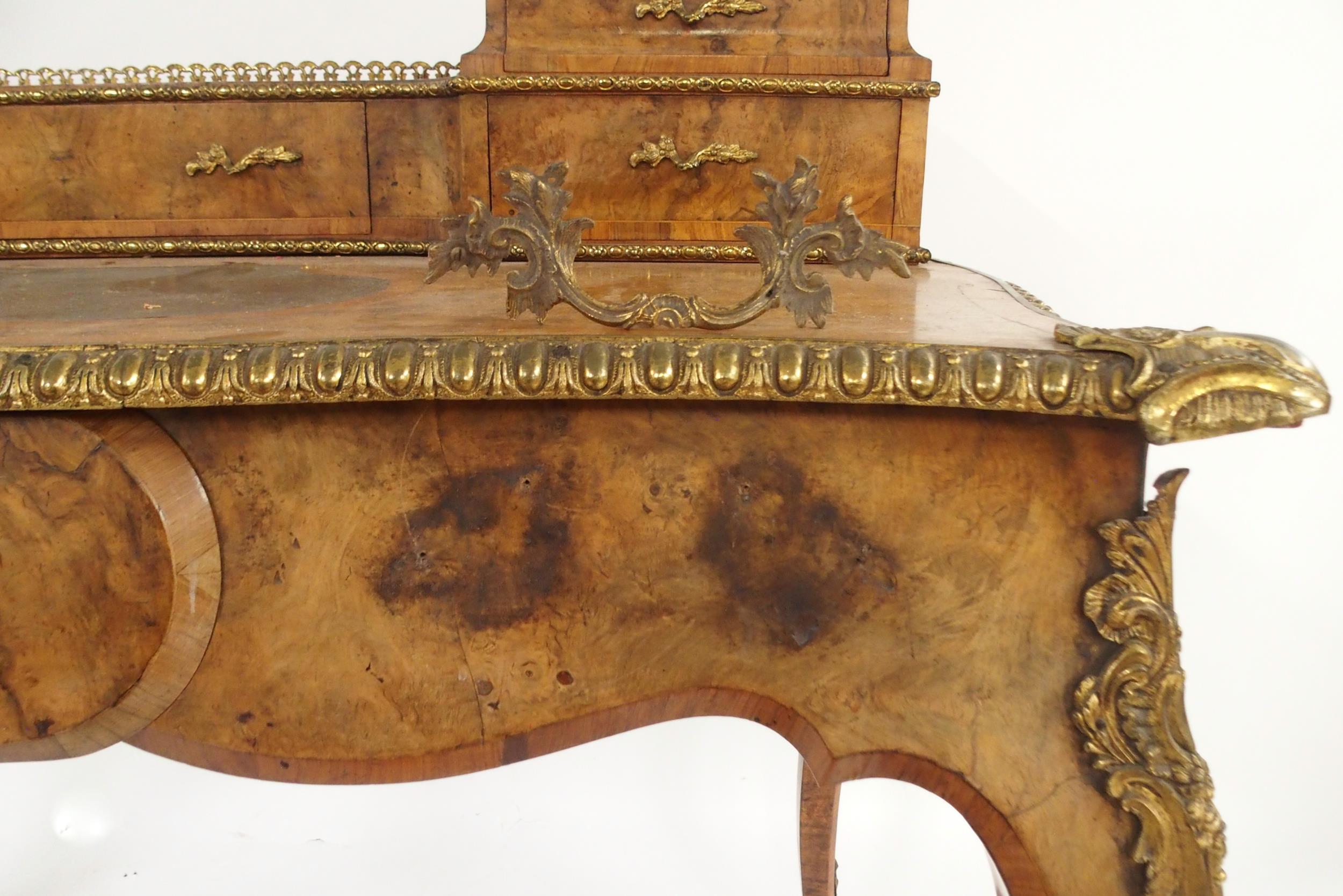 A LOUIS XVI STYLE BURR WALNUT AND ORMOLU MOUNTED BUREAU PLAT with five drawered superstructure - Image 8 of 14