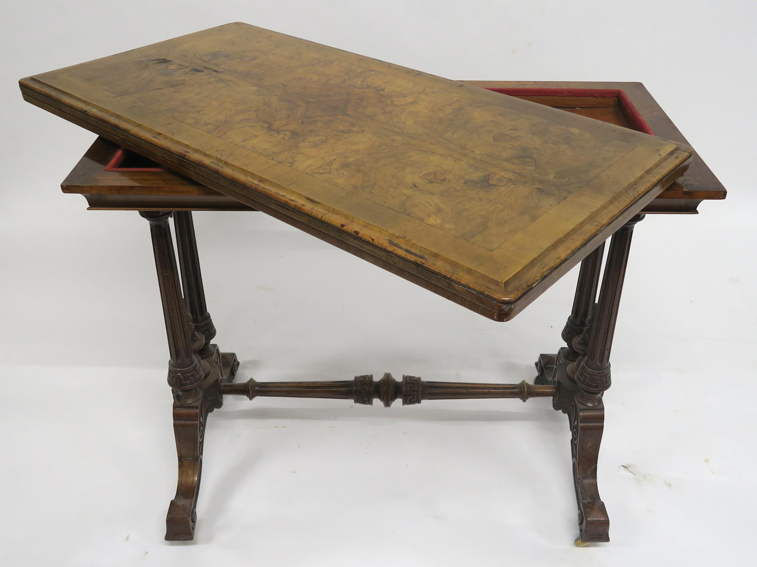 A VICTORIAN BURR WALNUT FOLD-OVER CARD TABLE with rectangular quarter-veneered top concealing shaped - Image 8 of 9