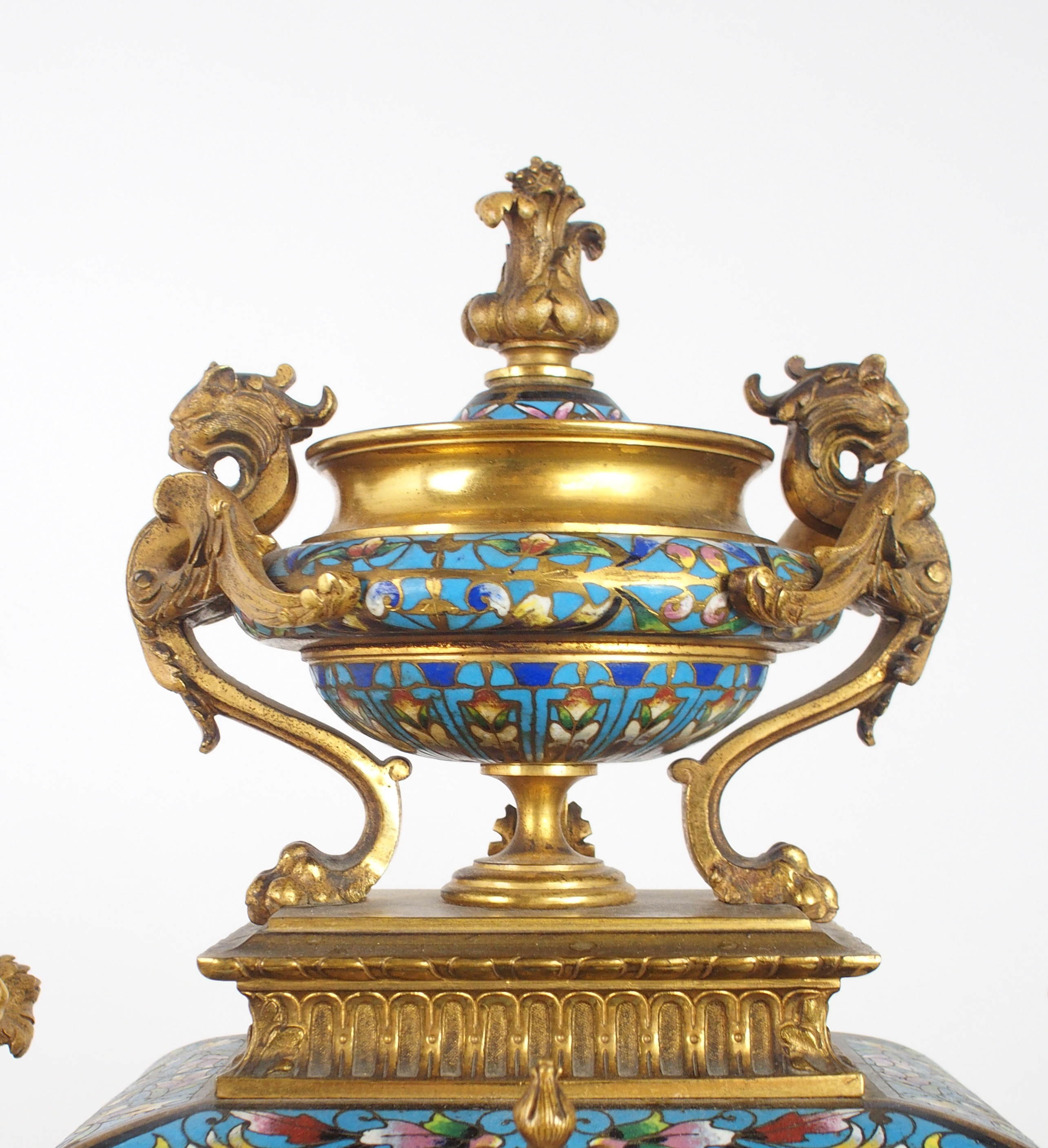 AN IMPRESSIVE 19TH CENTURY FRENCH CHAMPLEVE ENAMEL MANTLE CLOCK the urn mounted top with griffin han - Image 4 of 15