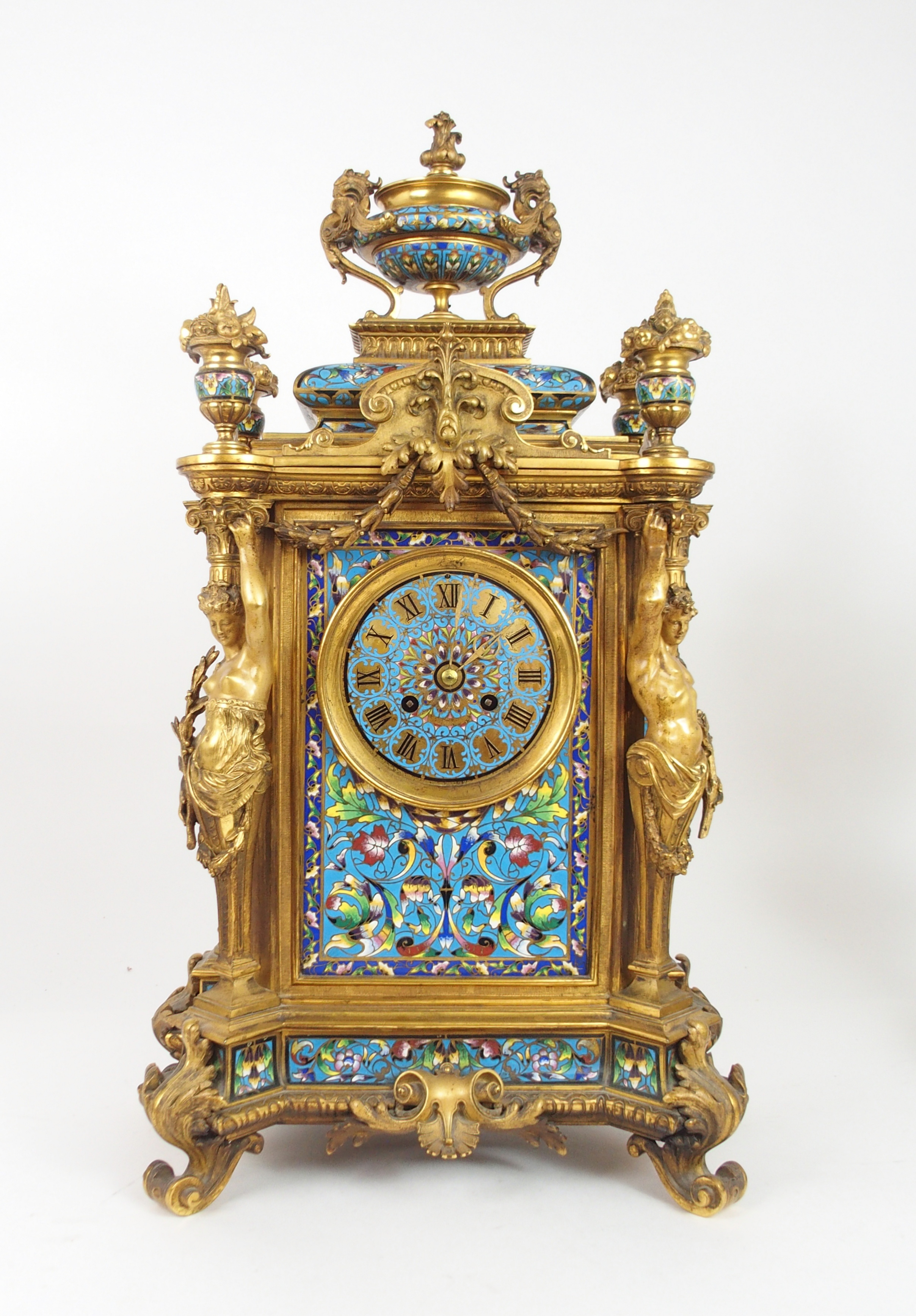 AN IMPRESSIVE 19TH CENTURY FRENCH CHAMPLEVE ENAMEL MANTLE CLOCK the urn mounted top with griffin han - Image 2 of 15