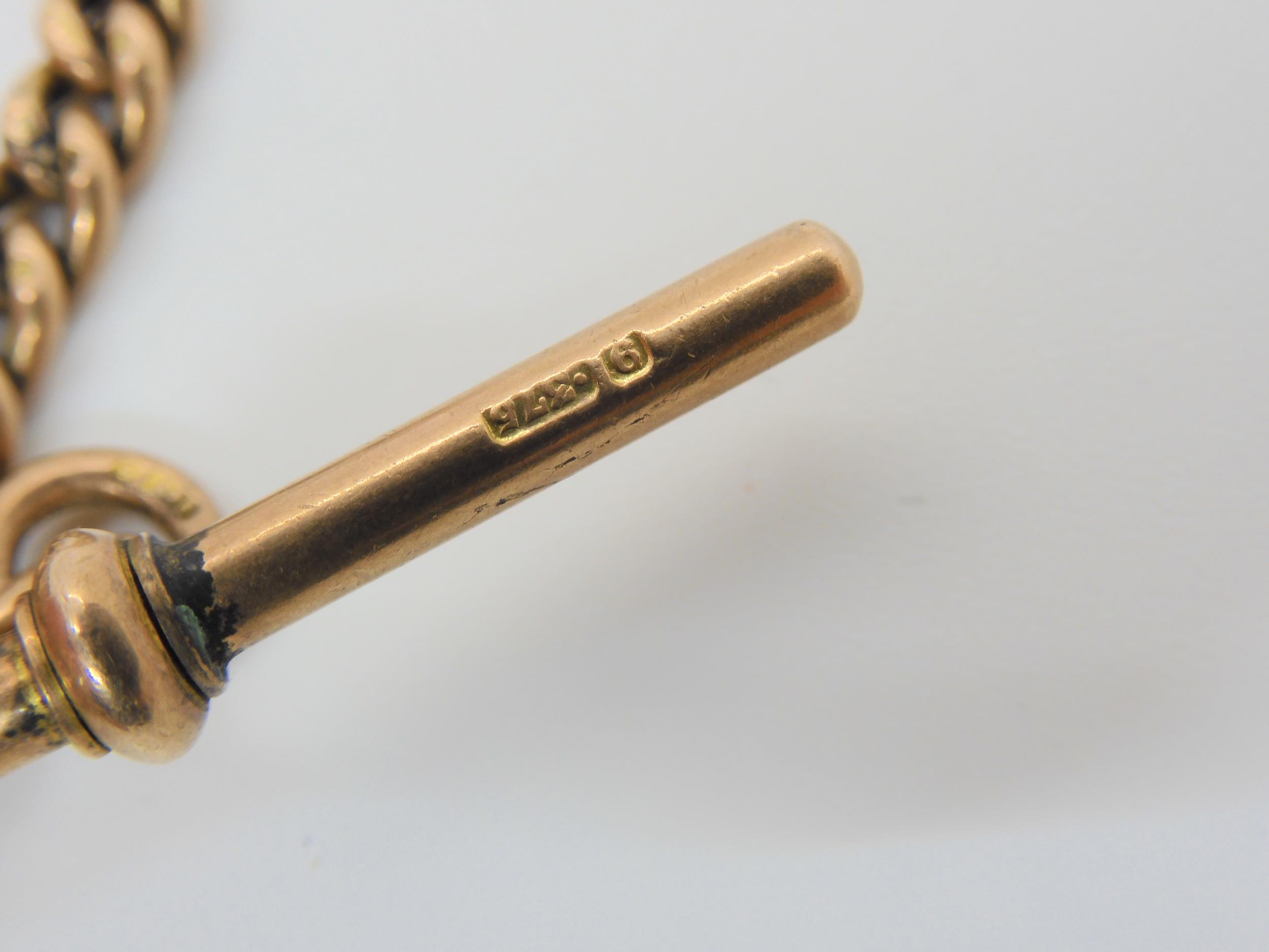 A 9CT ROSE GOLD ALBERT CHAIN the tapered fob chain is stamped .375 9ct to every link, 'T' bar and - Image 5 of 5