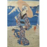 SHIGENOBU (1787-1832) An Oban tate-e woodblock print of a geisha, signed to the lower left, 36 x