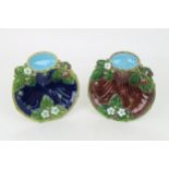 TWO MINTON MAJOLICA STRAWBERRY DISHES shape no 1330, with impressed marks to base, 21.5cm diameter