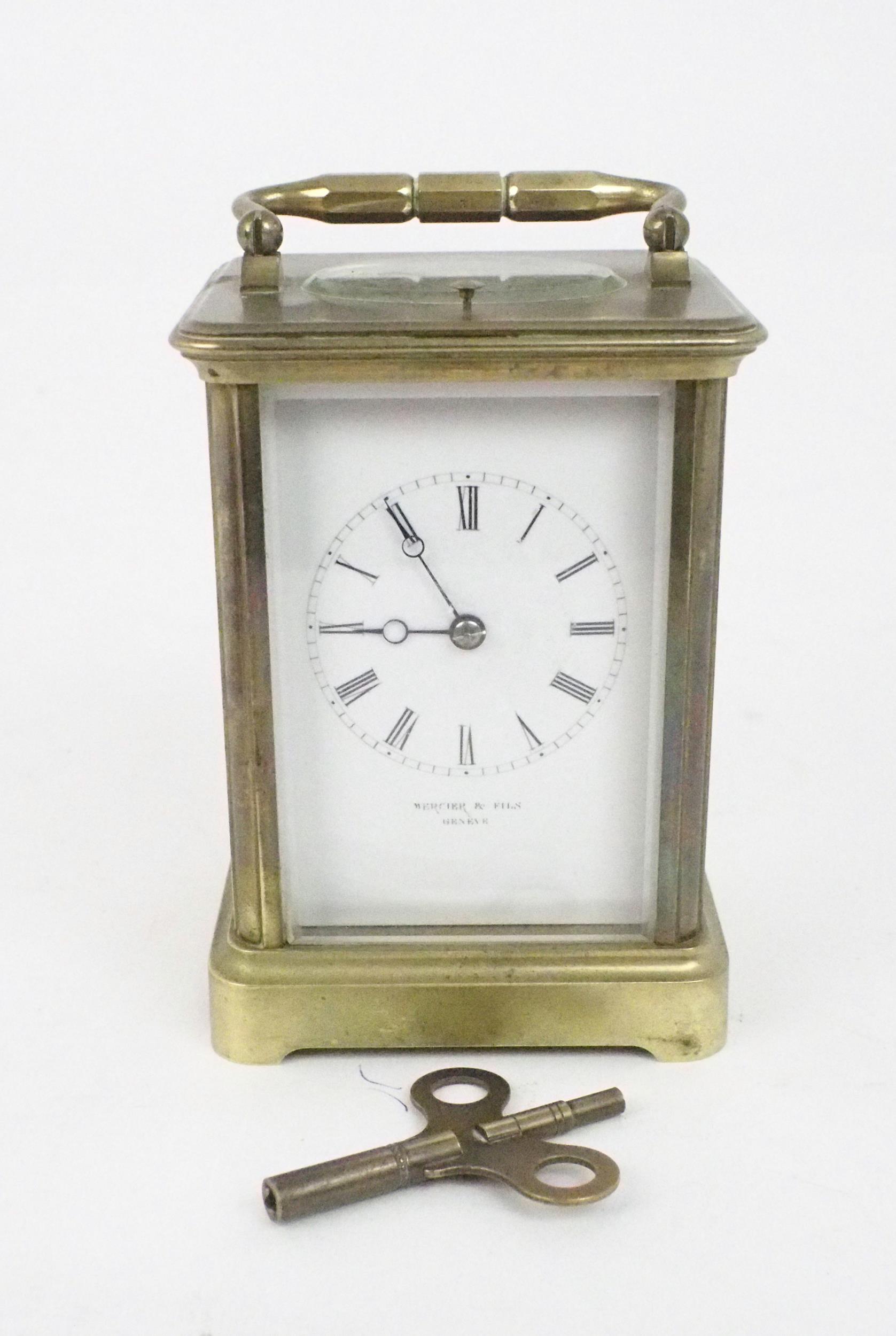 A MERCIER AND FILS GENEVE BRASS REPEATING CARRIAGE CLOCK the white dial with roman numerals, the - Image 6 of 6