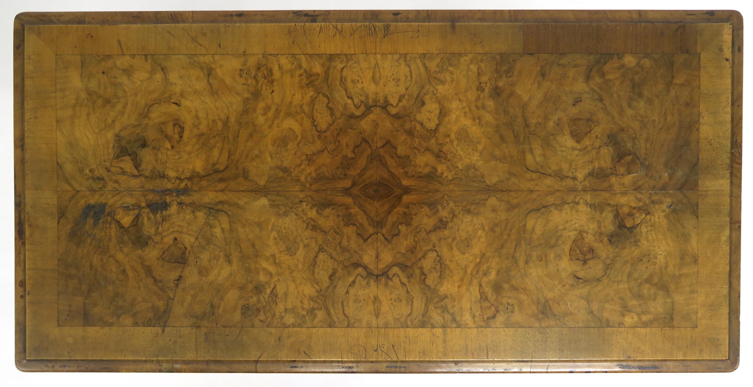 A VICTORIAN BURR WALNUT FOLD-OVER CARD TABLE with rectangular quarter-veneered top concealing shaped - Image 5 of 9