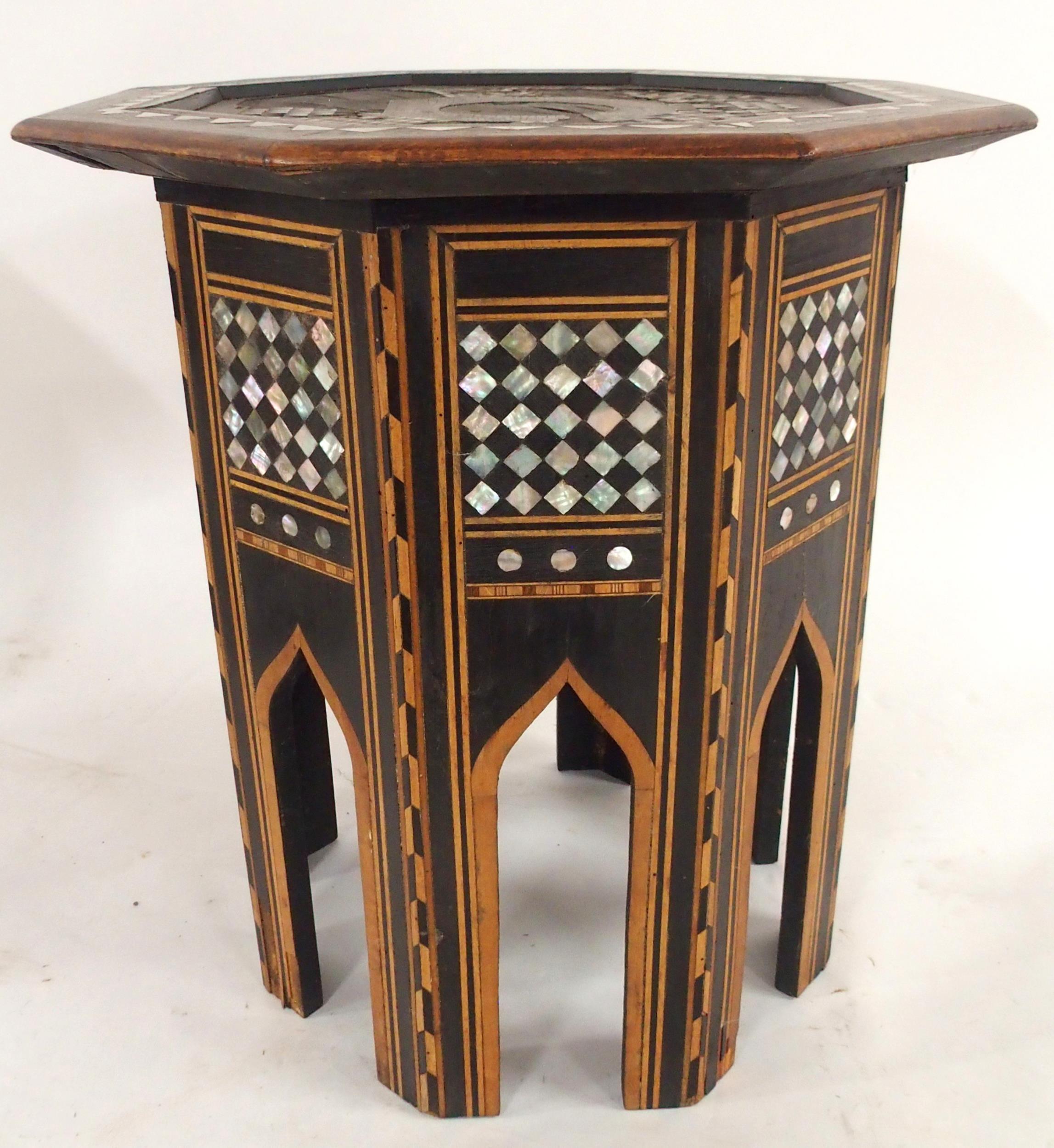 A 19TH CENTURY EBONISED MOORISH OCTAGONAL TOP OCCASIONAL TABLE AND SQUARE TOPPED TABLE both with - Image 3 of 9