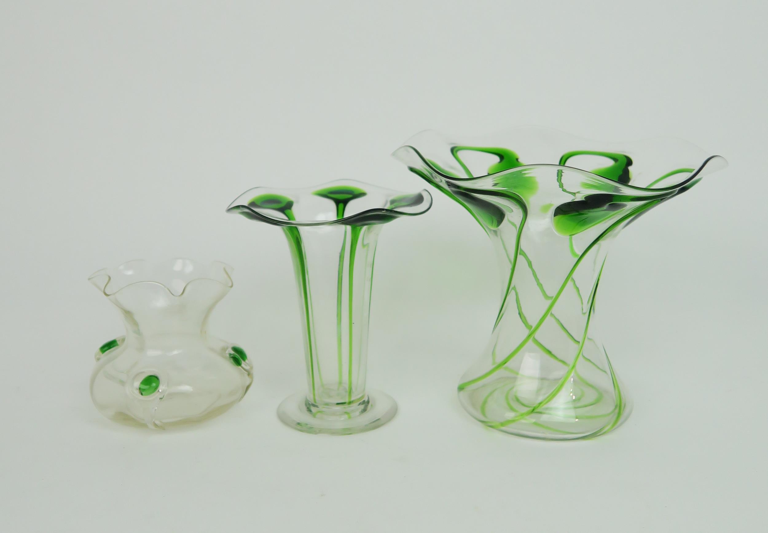 A GROUP OF FIVE STUART AND SONS STOURBRIDGE GLASS VASES all in clear glass with applied and trailing - Image 2 of 8