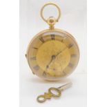 AN 18CT GOLD OPEN FACE POCKET WATCH with gold coloured, dial black roman numerals, blued steel hands