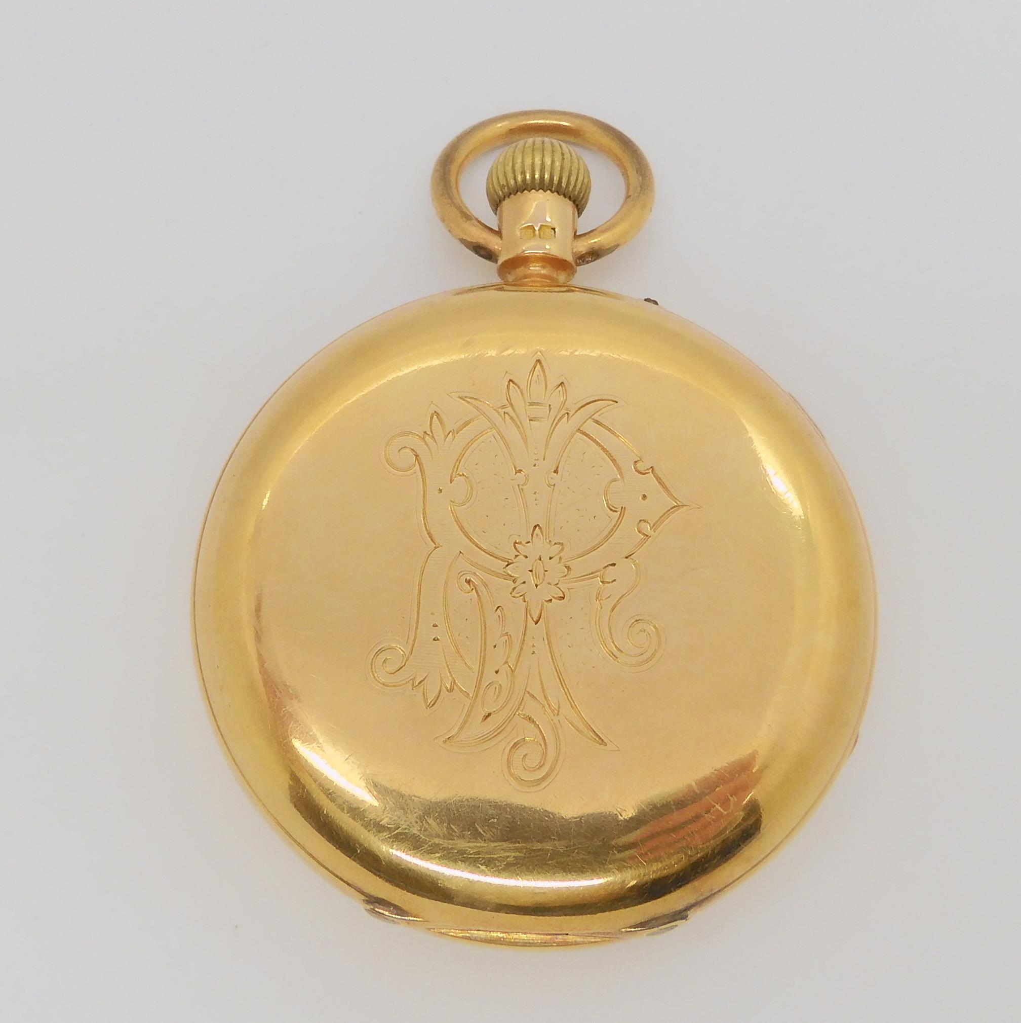 AN 18CT GOLD FULL HUNTER POCKET WATCH with monogram to outer case. White enamelled dial with black - Image 3 of 7