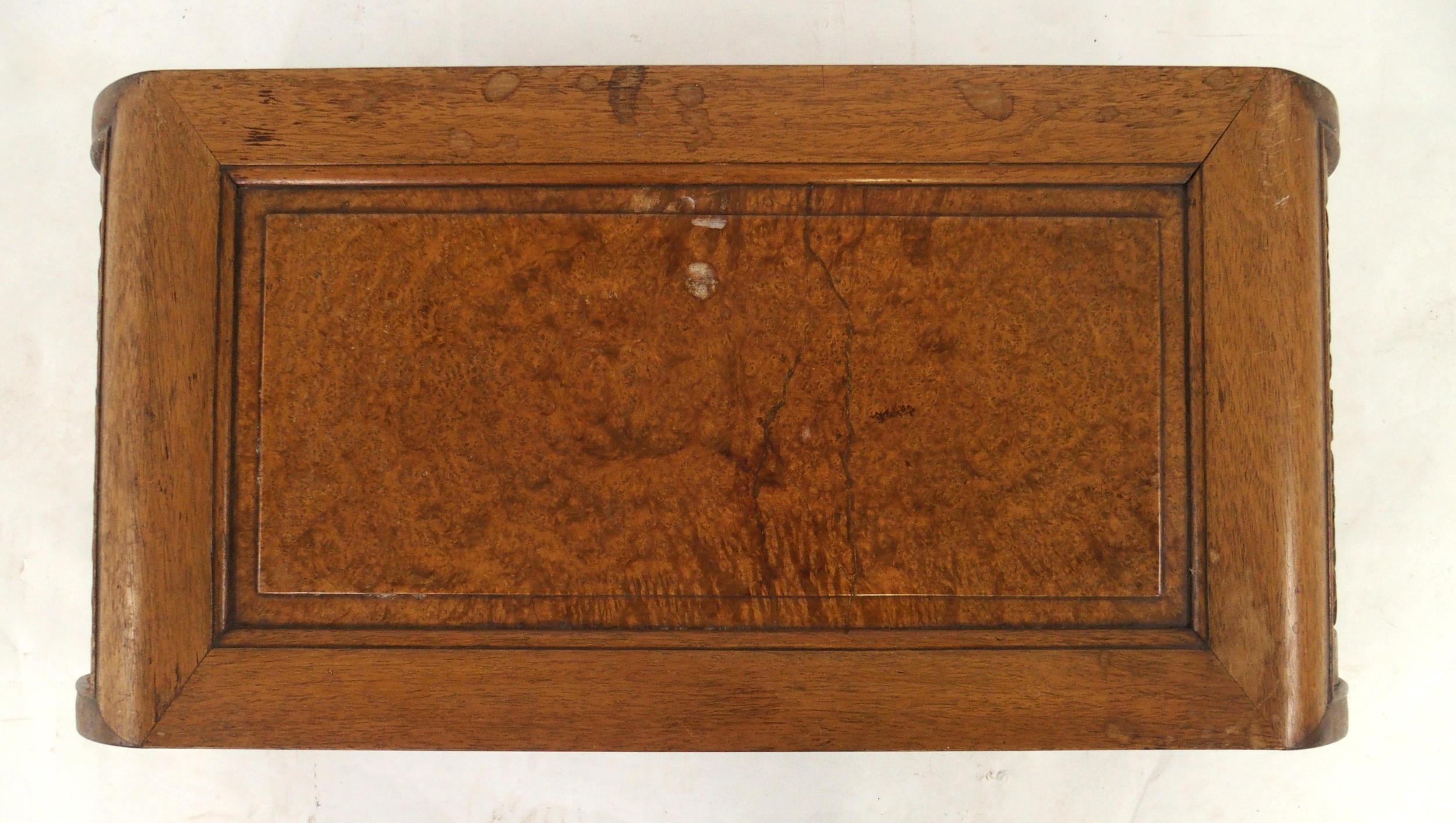 A 20TH CENTURY CHINESE HARDWOOD LOW TABLE with central birds eye maple panel, carved floral fretwork - Image 7 of 7