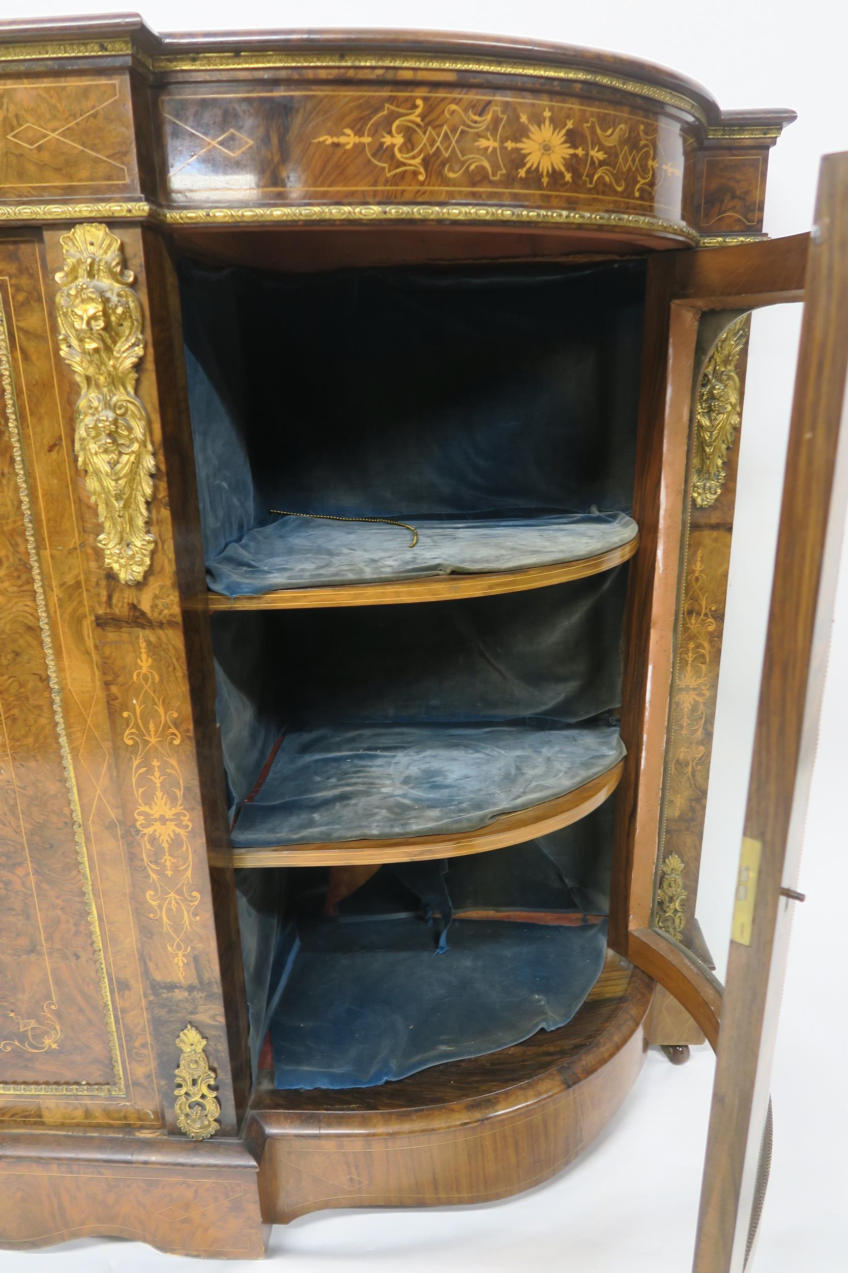 A VICTORIAN BURR WALNUT AND SATINWOOD INLAID CREDENZA with central cabinet door flanked by curved - Image 11 of 18