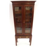 A GEORGIAN MAHOGANY NARROW GLAZED BOOKCASE ON STAND with shaped cornice over pair of glazed doors