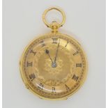 AN 18CT GOLD OPEN FACE POCKET WATCH with gold coloured dial, with black roman numerals and blued