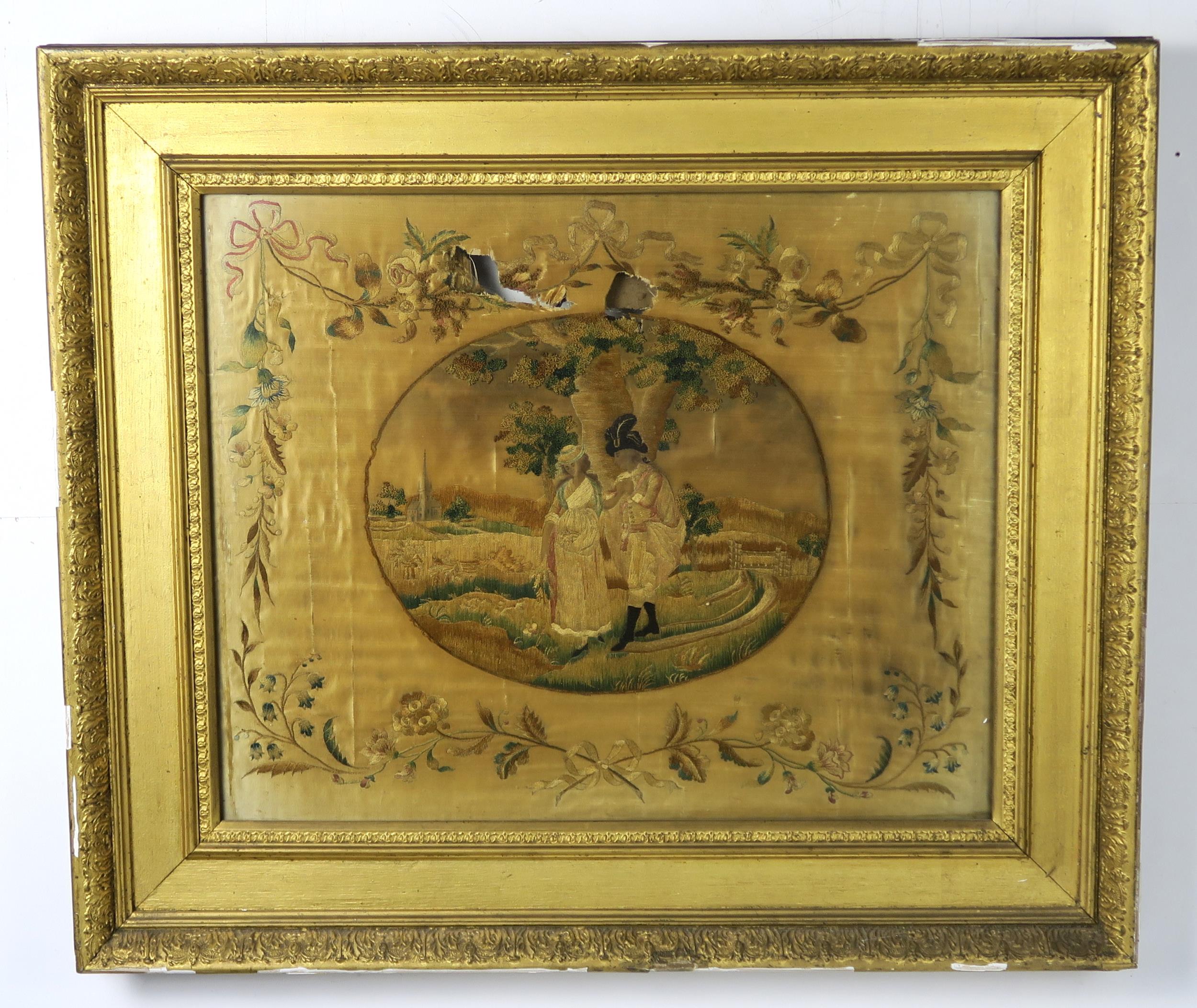 TWO REGENCY SILKWORK PANELS In heavy gilt and gesso frames, one depicting a courting couple in a - Image 2 of 6