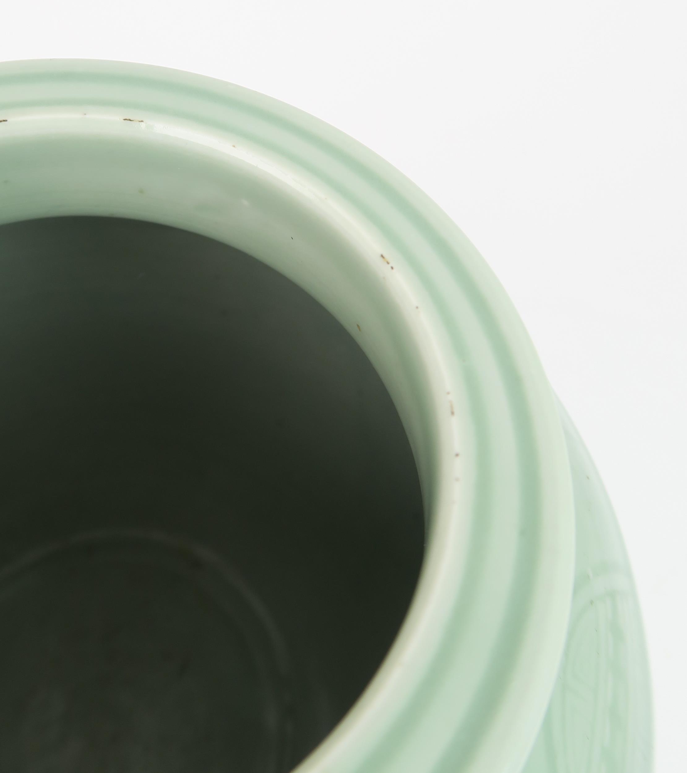 A CHINESE CELADON VASE  Carved with an archaic band above scrolling foliage, and horizontal banding, - Image 5 of 12