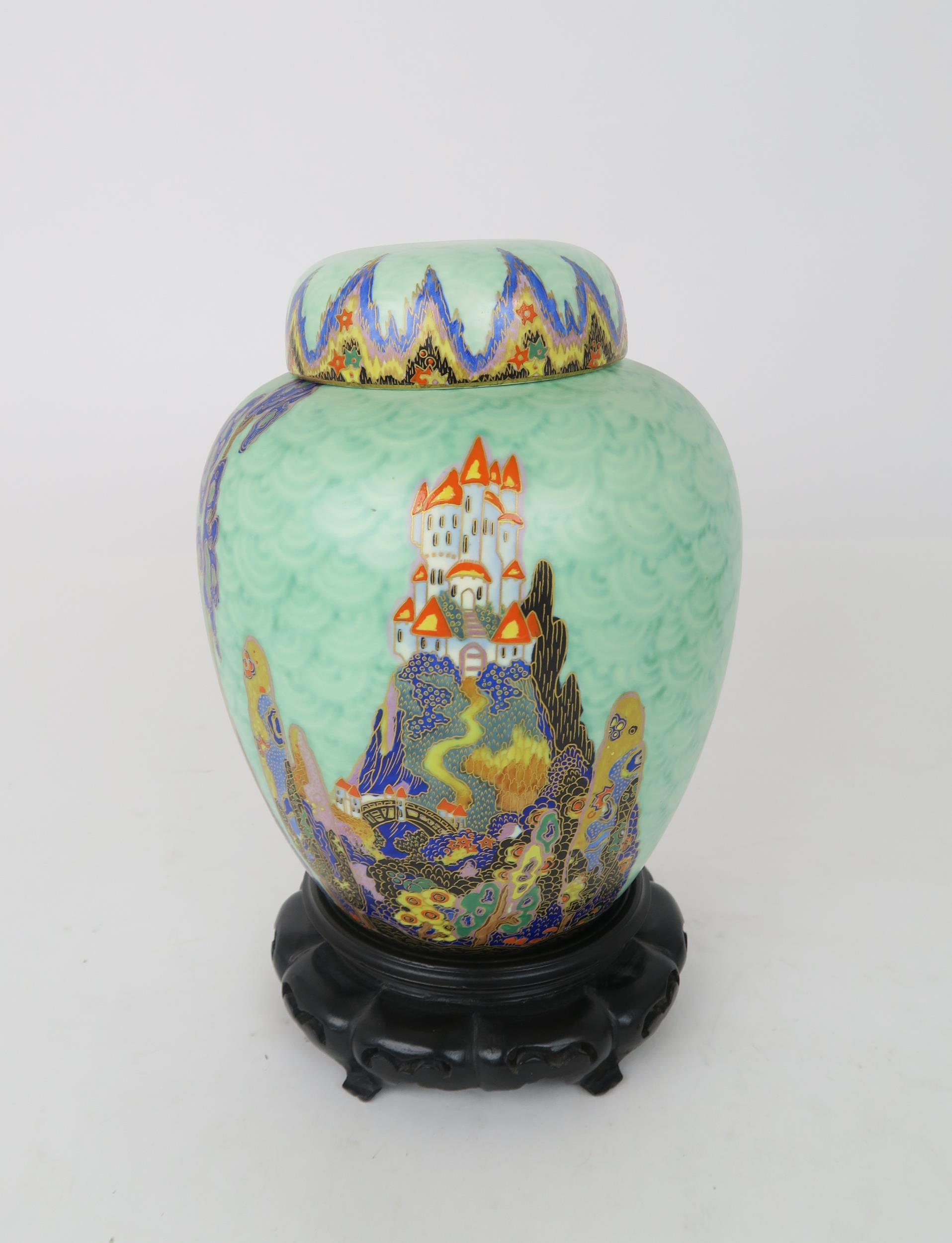 AN ART DECO CROWN DEVON MATTAJADE GINGER JAR AND COVER decorated in Fairy Castle pattern 23cm - Image 4 of 5