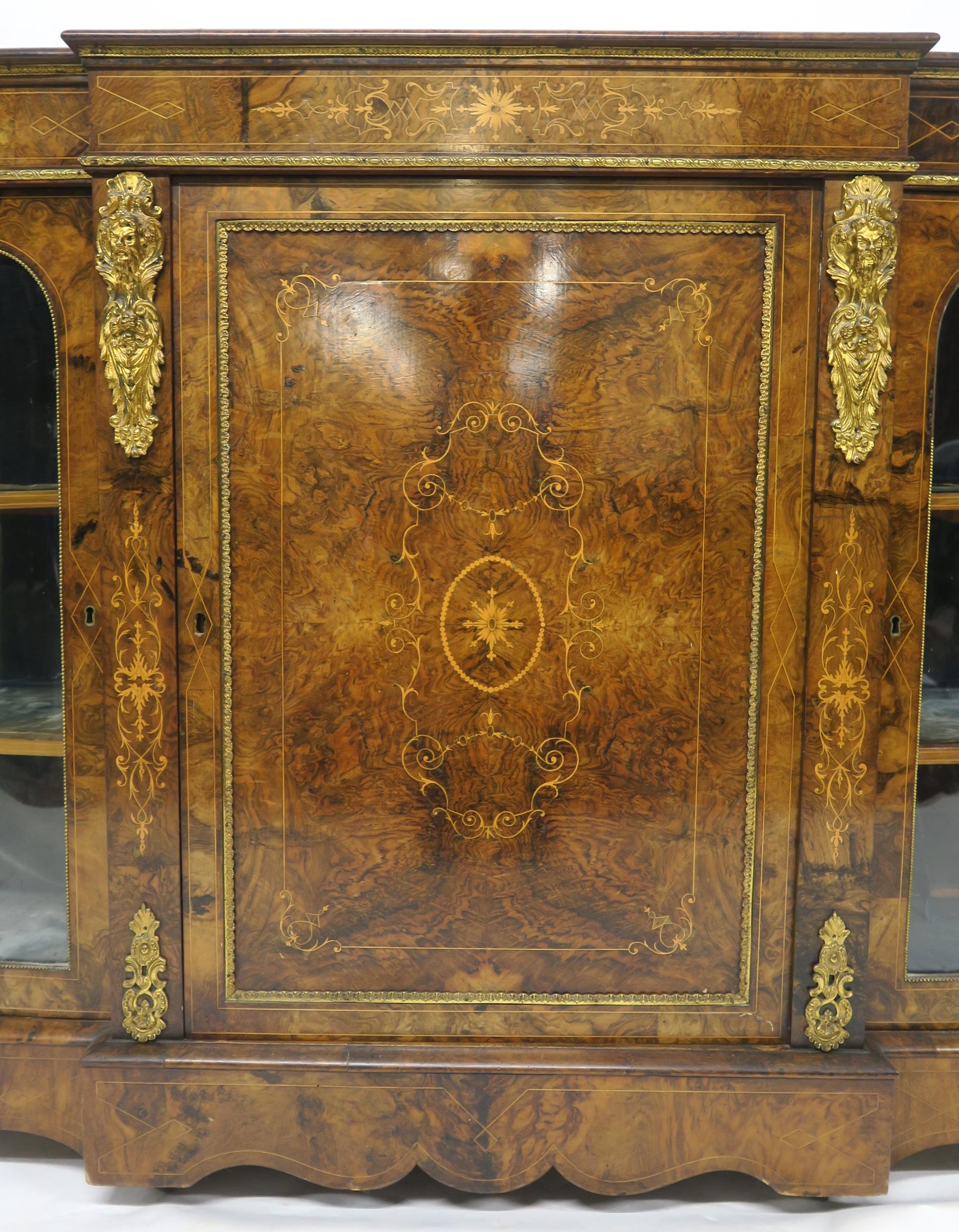 A VICTORIAN BURR WALNUT AND SATINWOOD INLAID CREDENZA with central cabinet door flanked by curved - Image 3 of 18