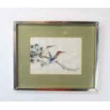 CANTON SCHOOL Ten ornithological pith paper paintings with various species on branches, four framed,