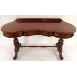 A VICTORIAN MAHOGANY CONSOLE TABLE with shaped top on stretchered pedestal supports with out swept