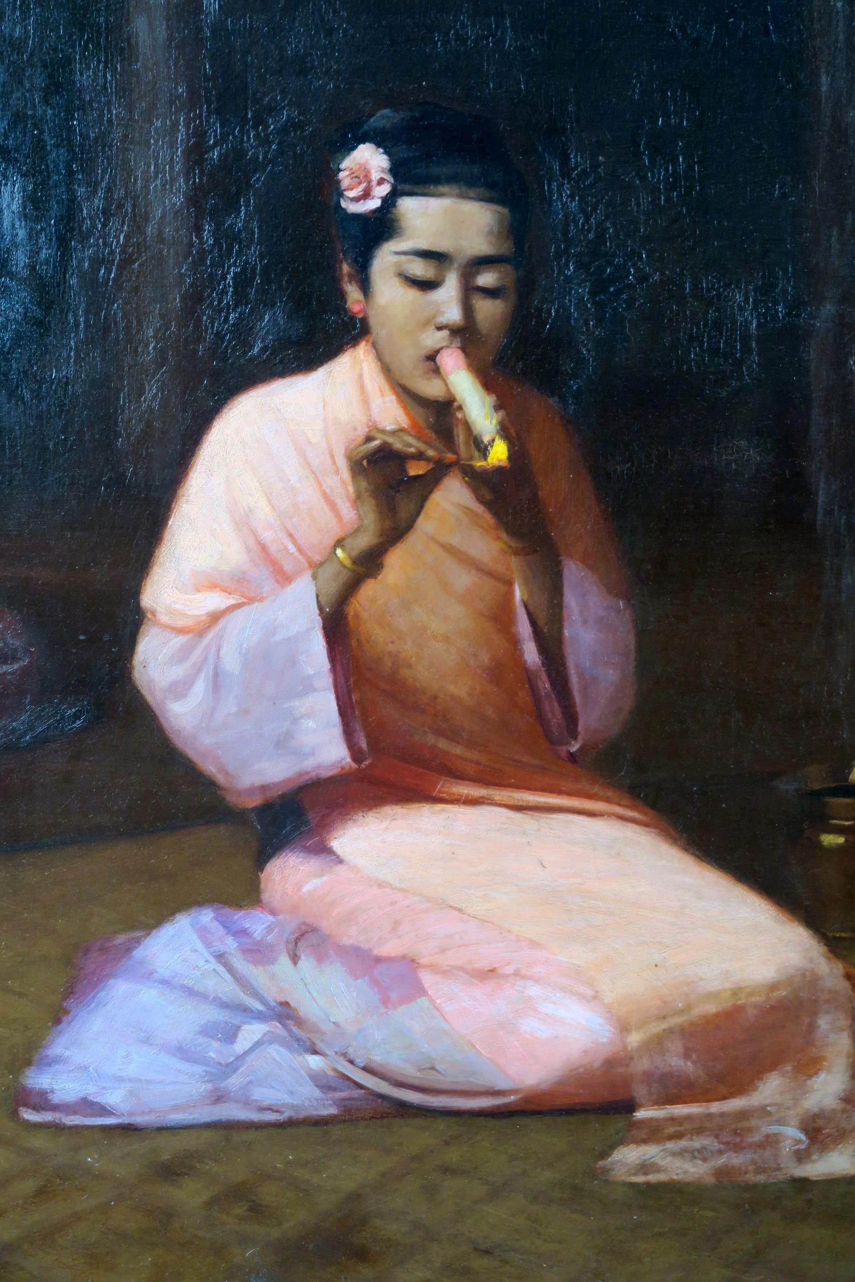 JAMES RAEBURN MIDDLETON (BRITISH 1855-1931) BURMESE GIRL KNEELING Oil on canvas, signed lower - Image 4 of 6