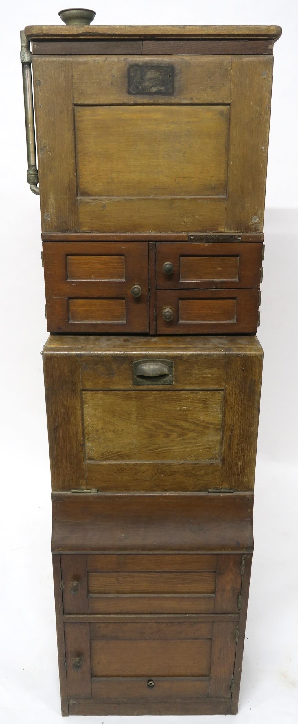 A 19/20TH CENTURY TEAK SHIPS CABIN WASH STAND with three asymmetrical cabinet doors over fall - Image 7 of 10